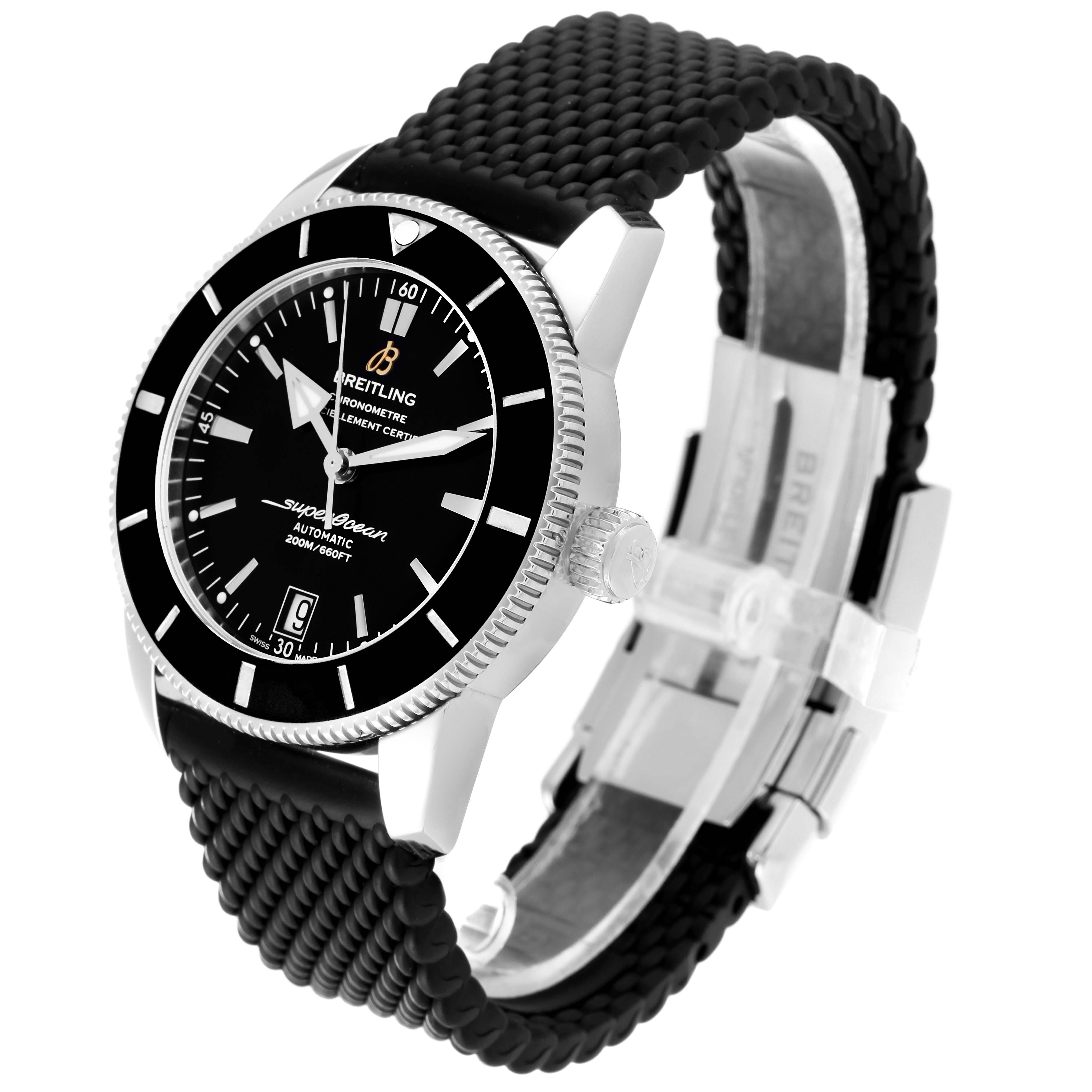 The Breitling Superocean AB2010 Men's Stainless Steel Black Dial AB2010 Men's Stainless Steel Black Dial watch is shown at a slight angle, displaying the face, crown, bezel, and textured strap.
