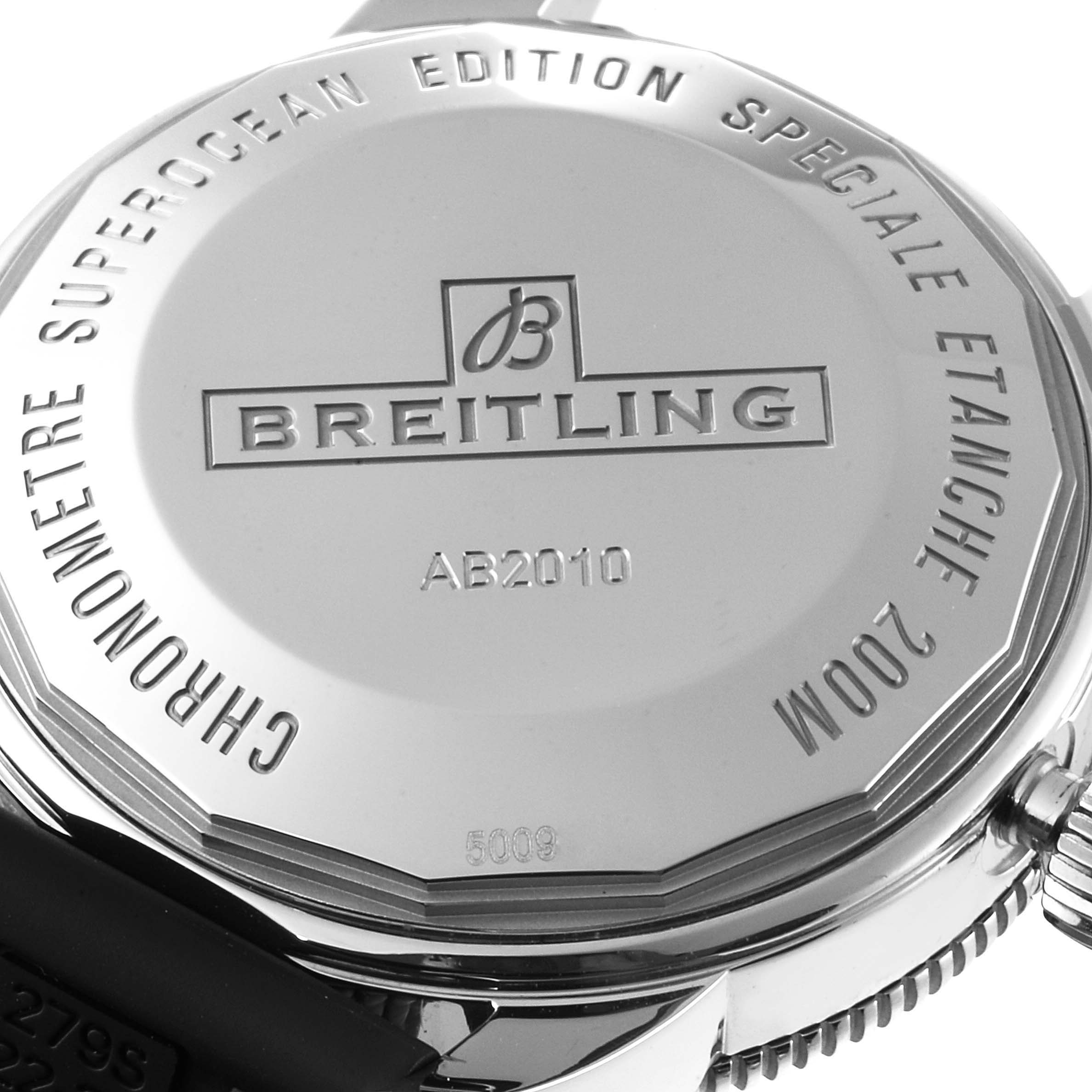 The image shows the rear case of the Breitling Superocean AB2010 Men's Stainless Steel Black Dial AB2010 Men's Stainless Steel Black Dial watch, displaying the brand name, model number, and specifications.