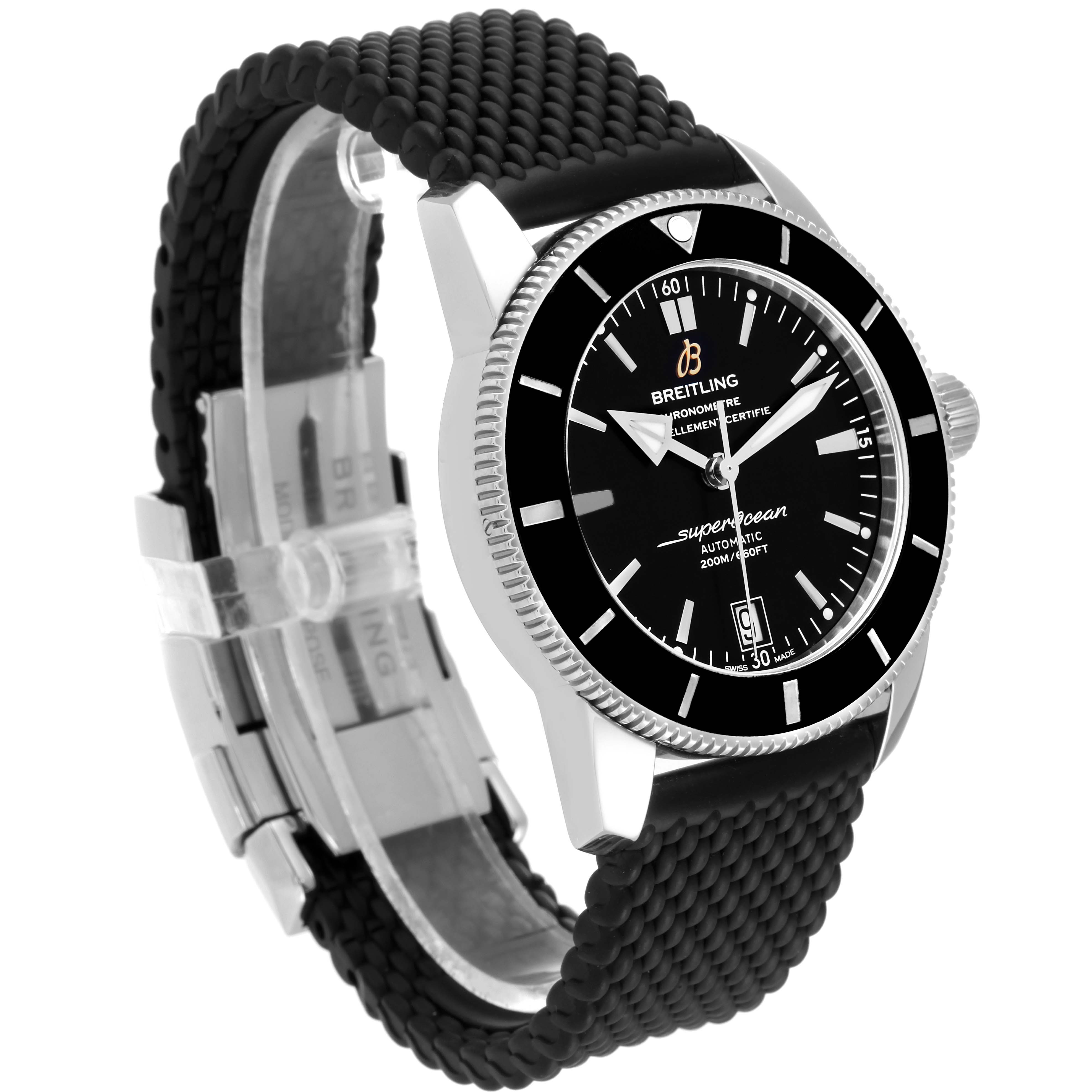 The image shows a Breitling Superocean AB2010 Men's Stainless Steel Black Dial AB2010 Men's Stainless Steel Black Dial watch at a three-quarter angle, highlighting the dial, bezel, case, and rubber strap.