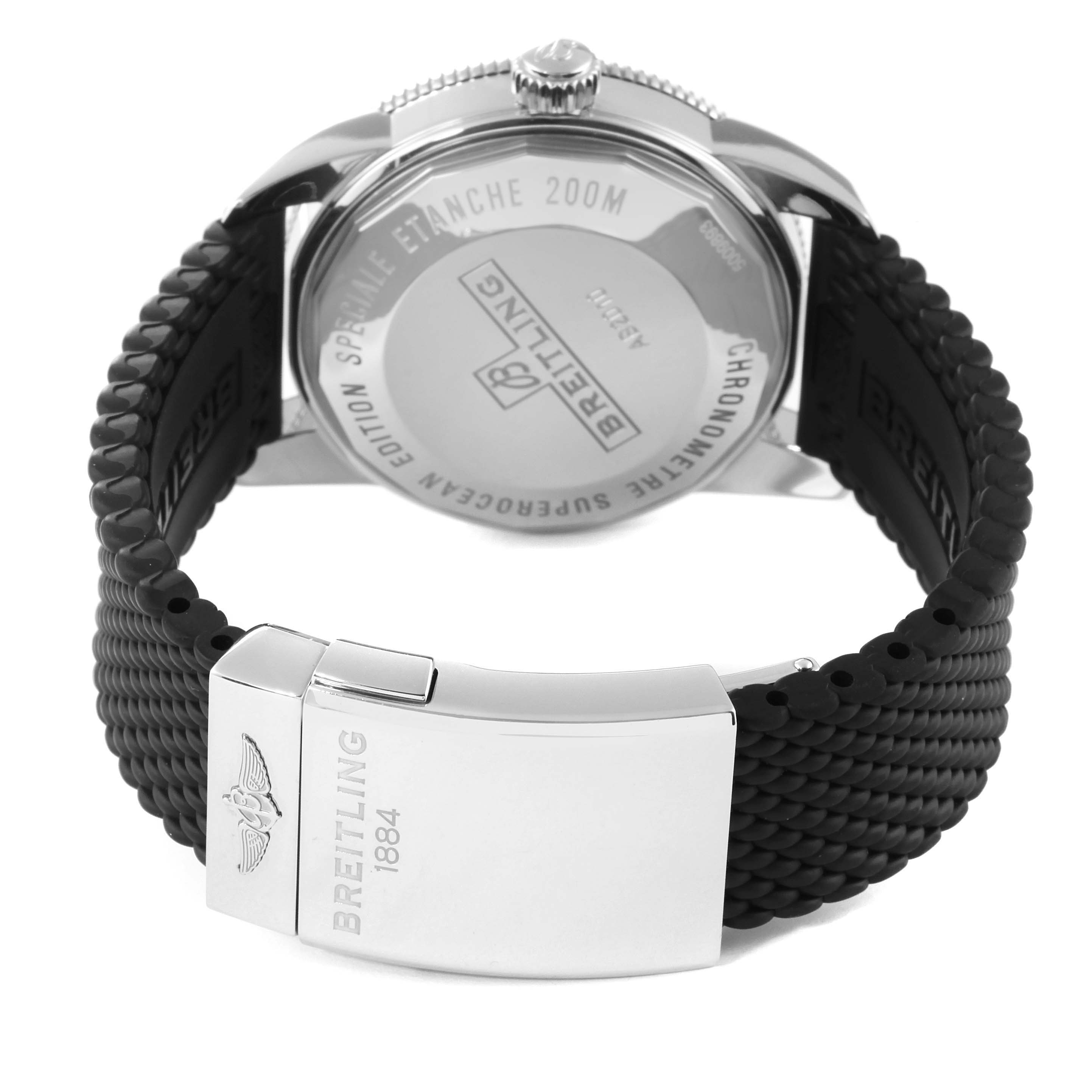 The image shows the back view of the Breitling Superocean AB2010 Men's Stainless Steel Black Dial AB2010 Men's Stainless Steel Black Dial watch, focusing on the case back and the clasp of the strap.