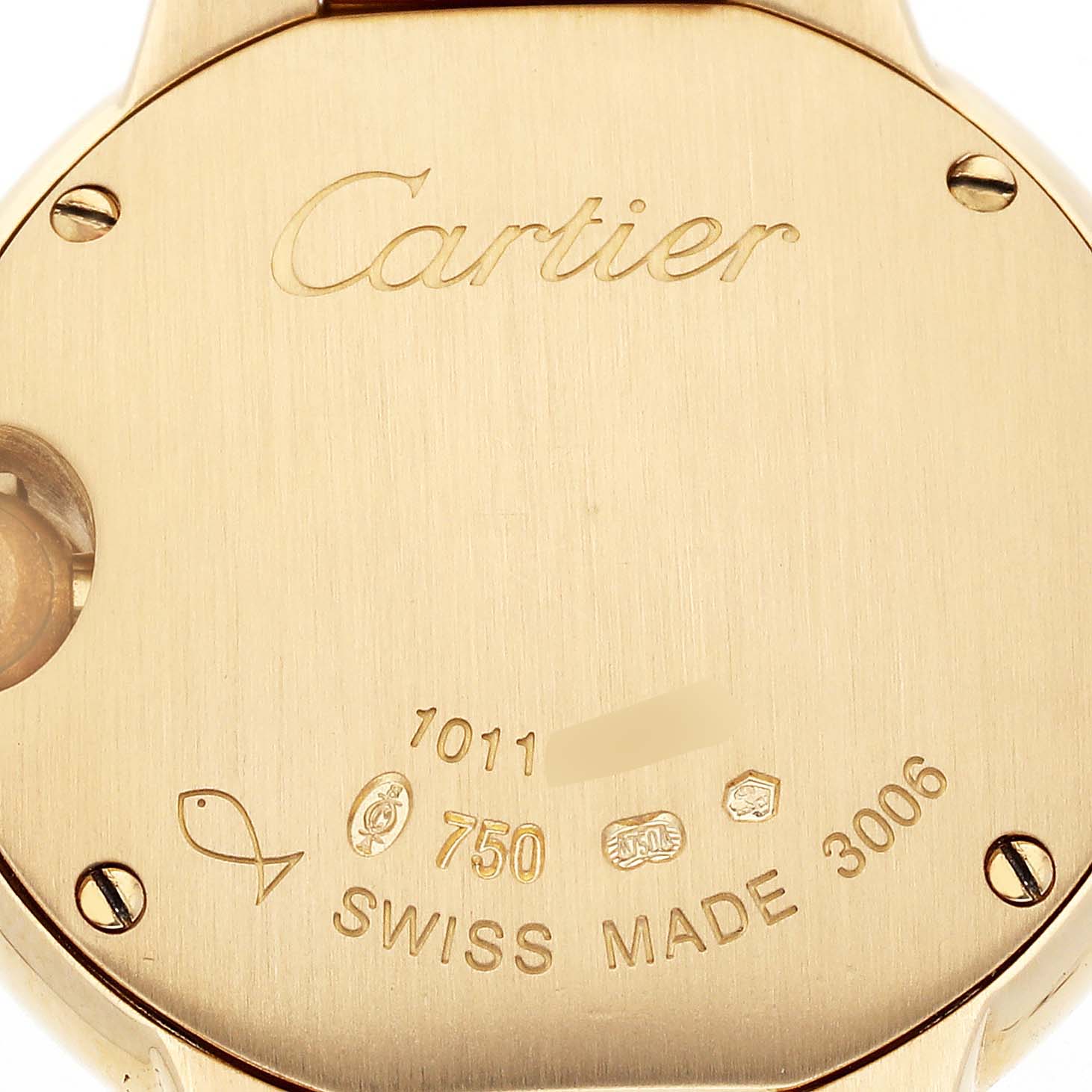 This image shows the back case of a Cartier Ballon Bleu W69001Z2 Women's Yellow Gold Silver Dial W69001Z2 Women's Yellow Gold Silver Dial watch, highlighting engravings and hallmarks.