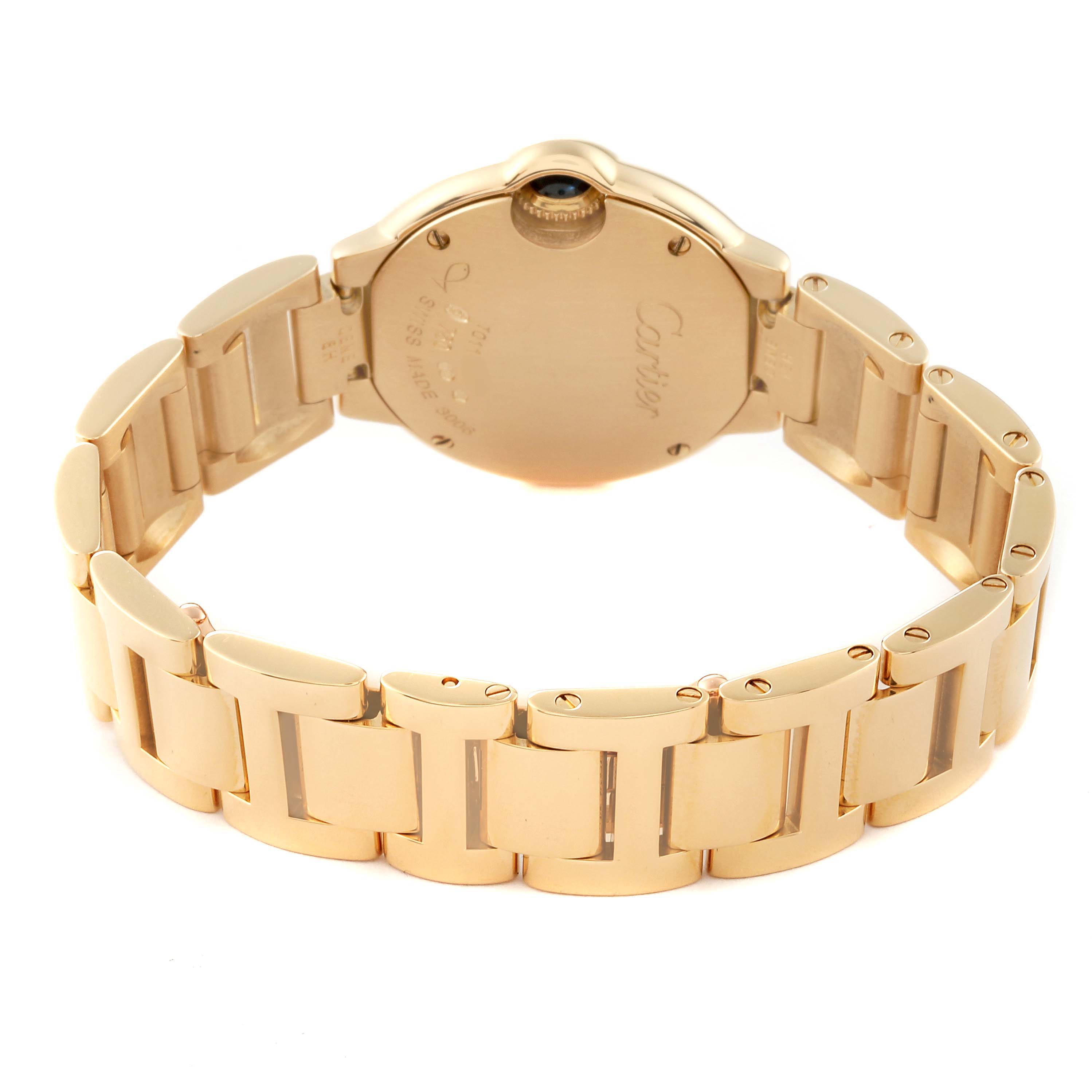 The image shows the back casing and bracelet of a Cartier Ballon Bleu W69001Z2 Women's Yellow Gold Silver Dial W69001Z2 Women's Yellow Gold Silver Dial model watch, viewed from the rear angle.