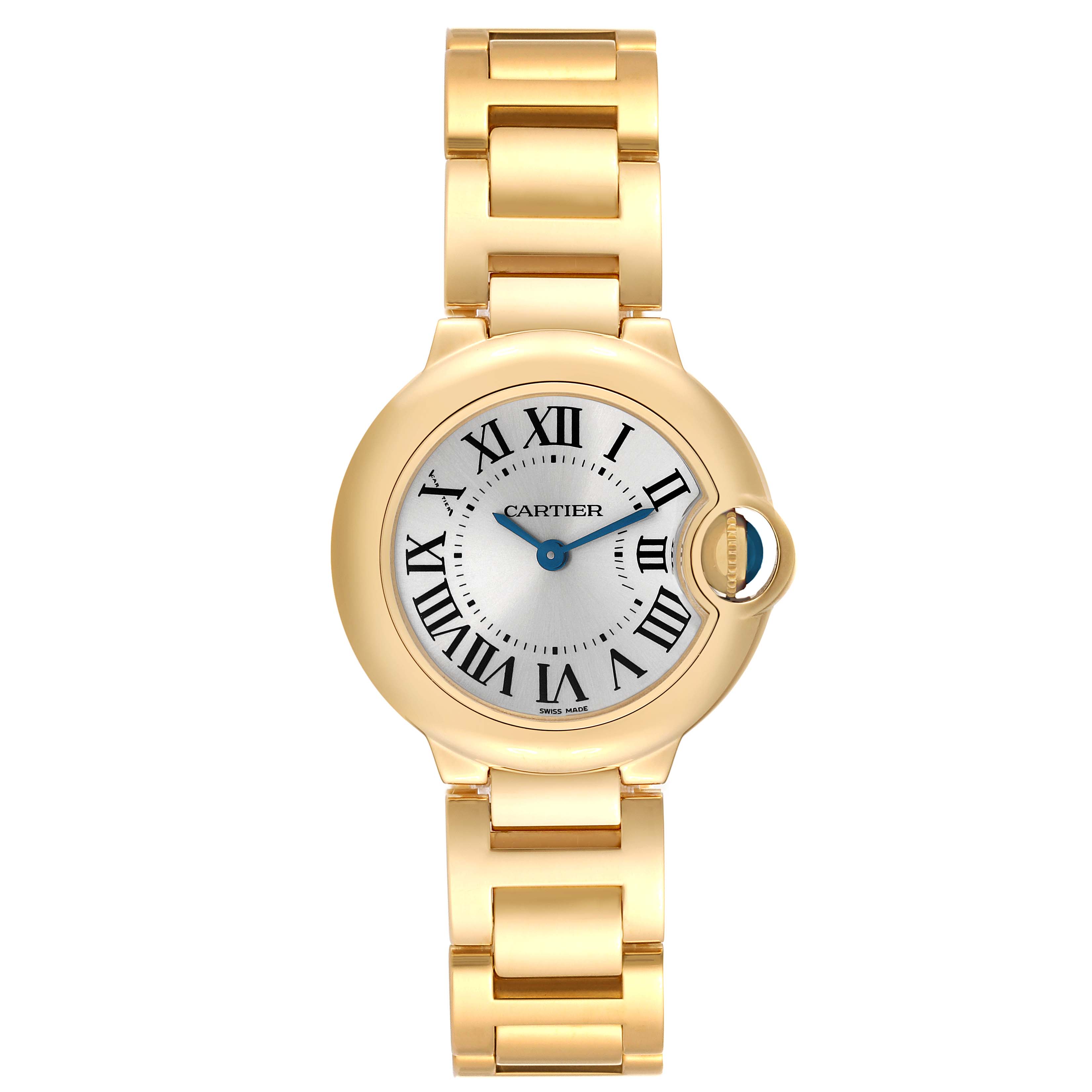 The image shows a Cartier Ballon Bleu W69001Z2 Women's Yellow Gold Silver Dial W69001Z2 Women's Yellow Gold Silver Dial watch from the front, highlighting its face, dial, and gold bracelet.