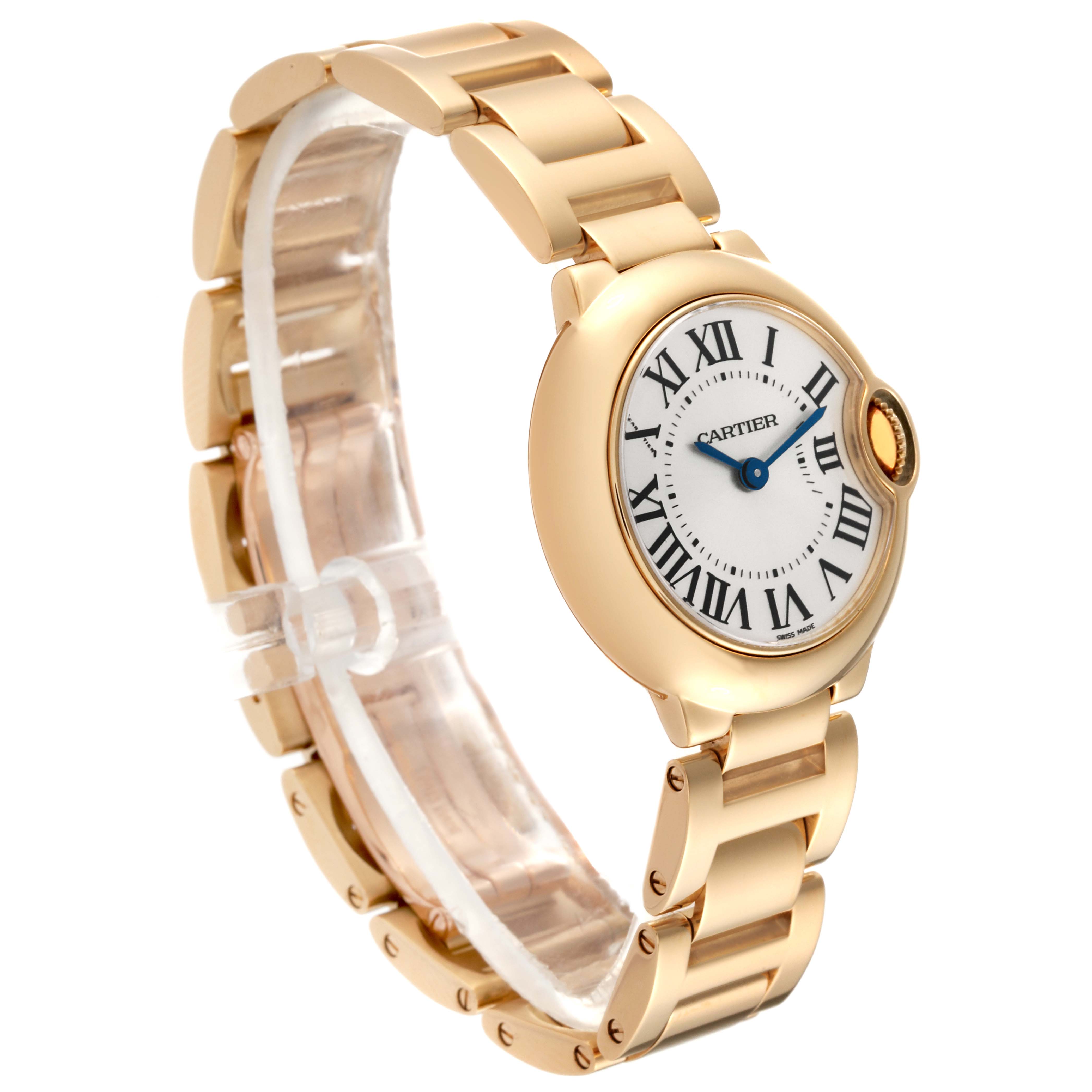 The image shows the Cartier Ballon Bleu W69001Z2 Women's Yellow Gold Silver Dial W69001Z2 Women's Yellow Gold Silver Dial watch from a front-side angle, highlighting its bracelet, case, and dial.