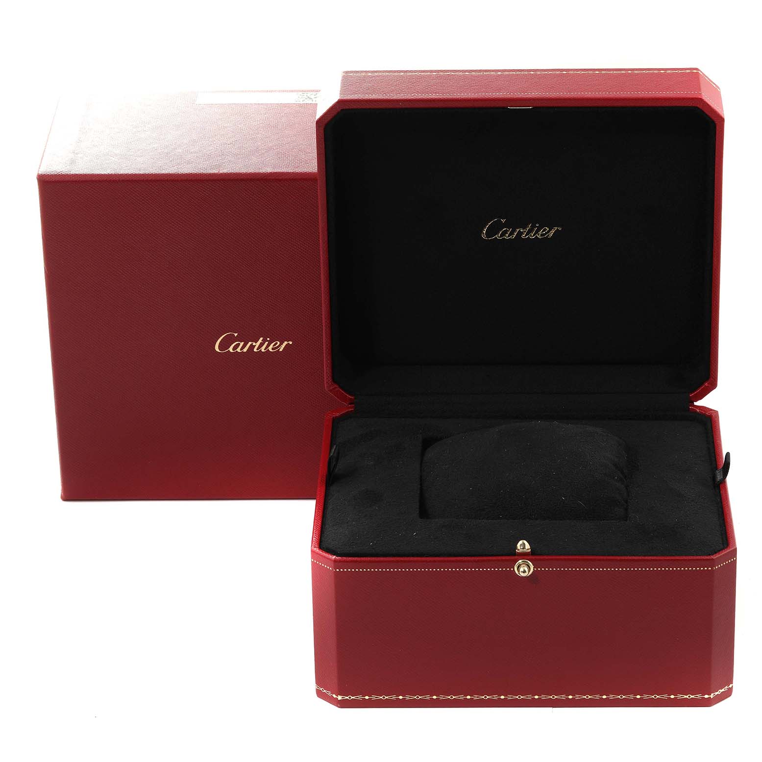 The image shows an open red Cartier box with the Ballon Bleu model branding, revealing the black interior and a cushioned watch holder.