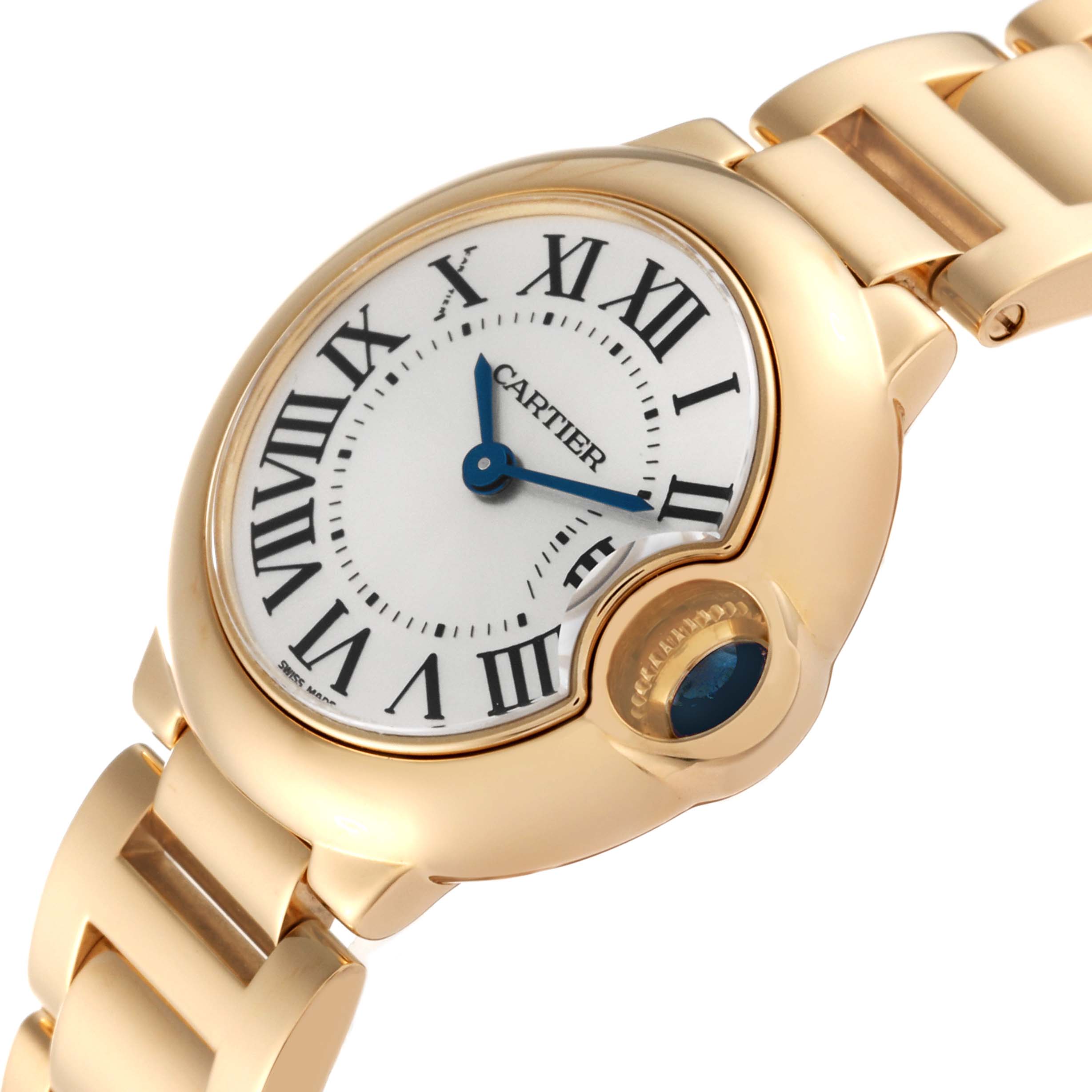 The image shows a close-up angle of the Cartier Ballon Bleu W69001Z2 Women's Yellow Gold Silver Dial W69001Z2 Women's Yellow Gold Silver Dial watch, highlighting its dial, Roman numerals, and blue sapphire crown.