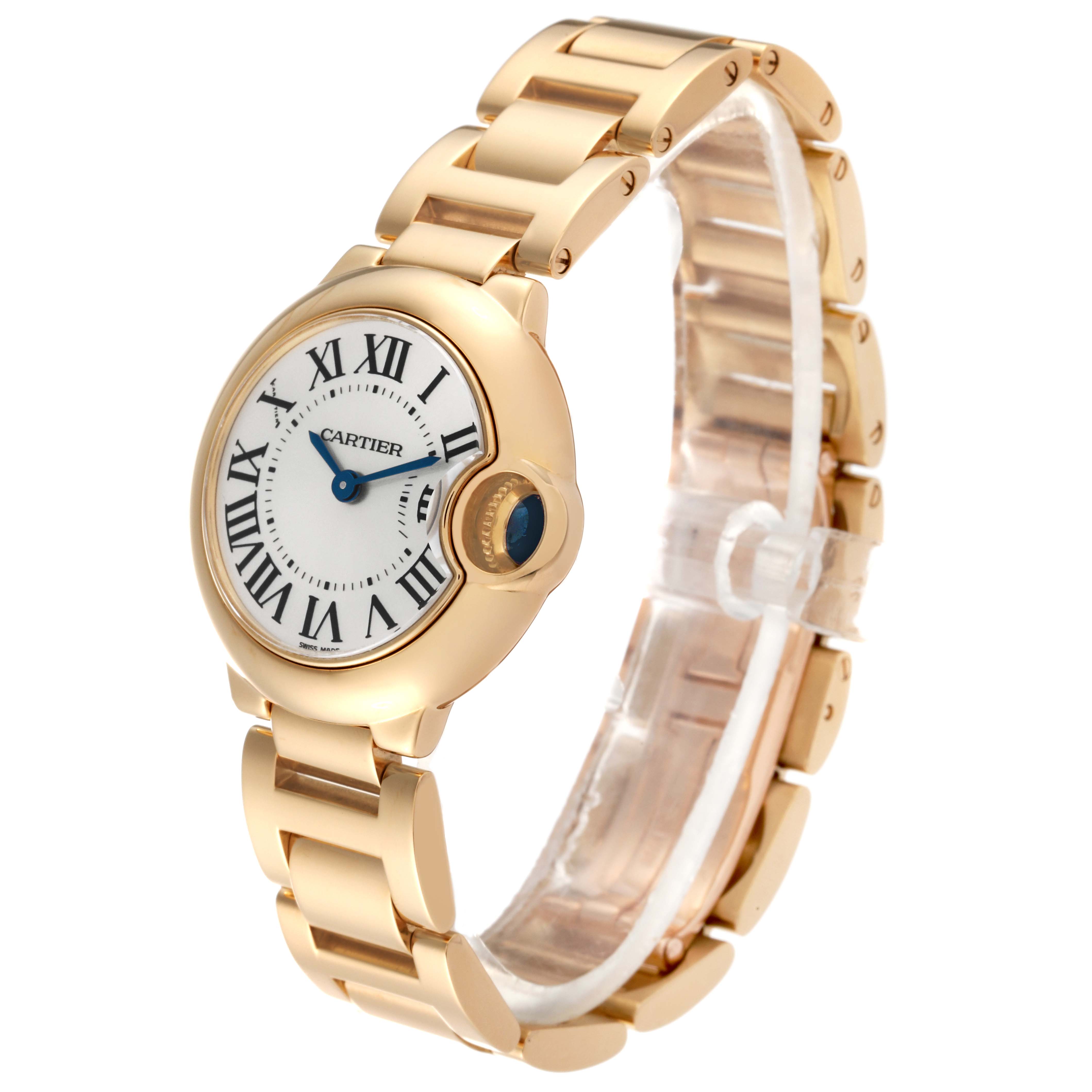 This Cartier Ballon Bleu W69001Z2 Women's Yellow Gold Silver Dial W69001Z2 Women's Yellow Gold Silver Dial model watch is shown from a three-quarter angle, highlighting its bracelet, face, and crown.