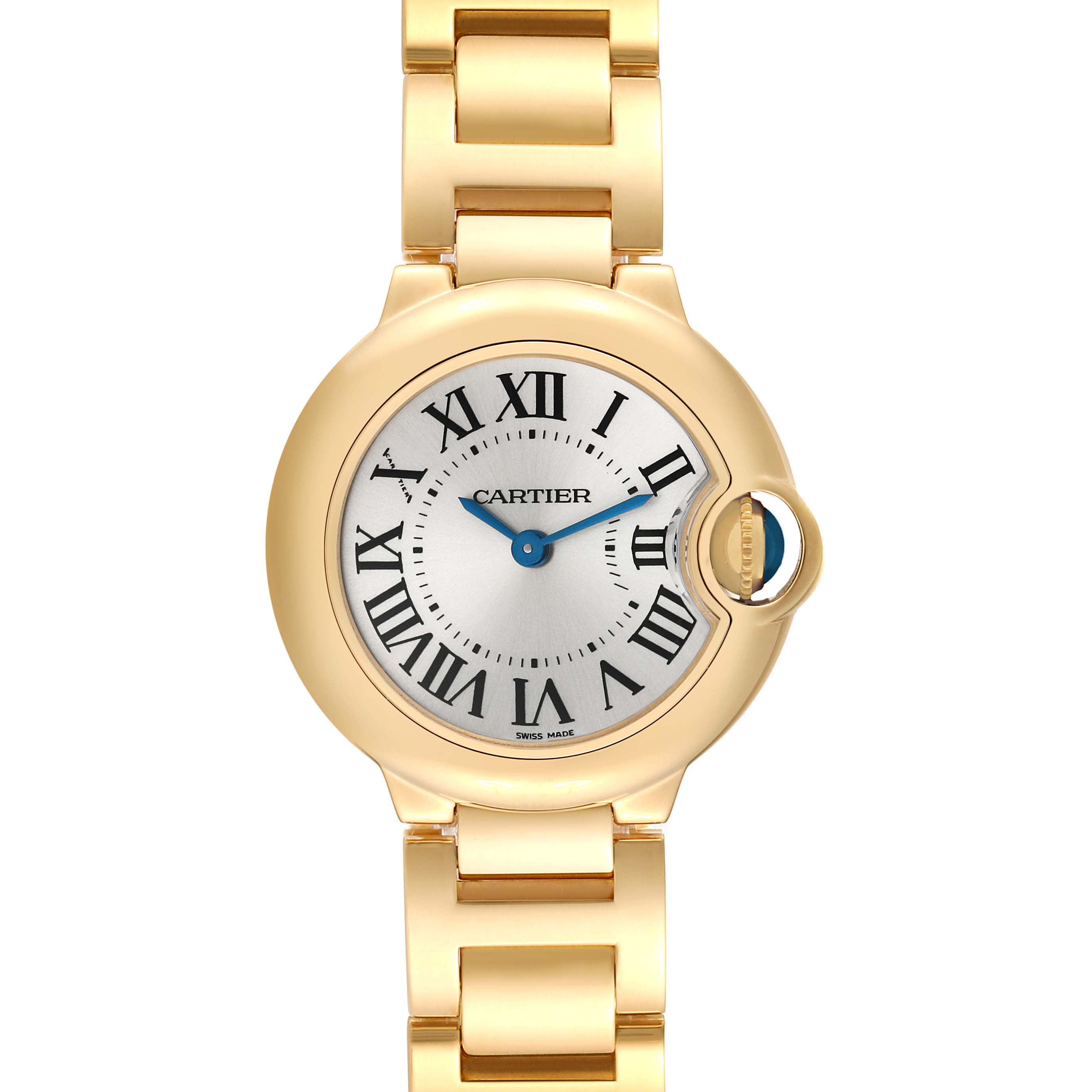 The image shows a front view of the Cartier Ballon Bleu W69001Z2 Women's Yellow Gold Silver Dial W69001Z2 Women's Yellow Gold Silver Dial watch, highlighting its gold case and bracelet, Roman numerals, and blue hands.