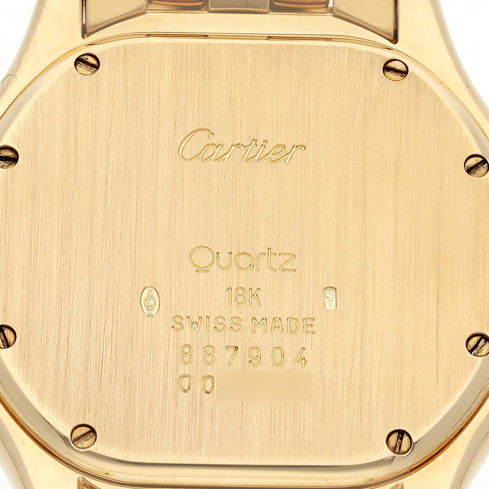 This image shows the back case of a Cartier Panthere W25013B9 Women's Yellow Gold Silver Dial W25013B9 Women's Yellow Gold Silver Dial model watch, highlighting the inscriptions and material details.
