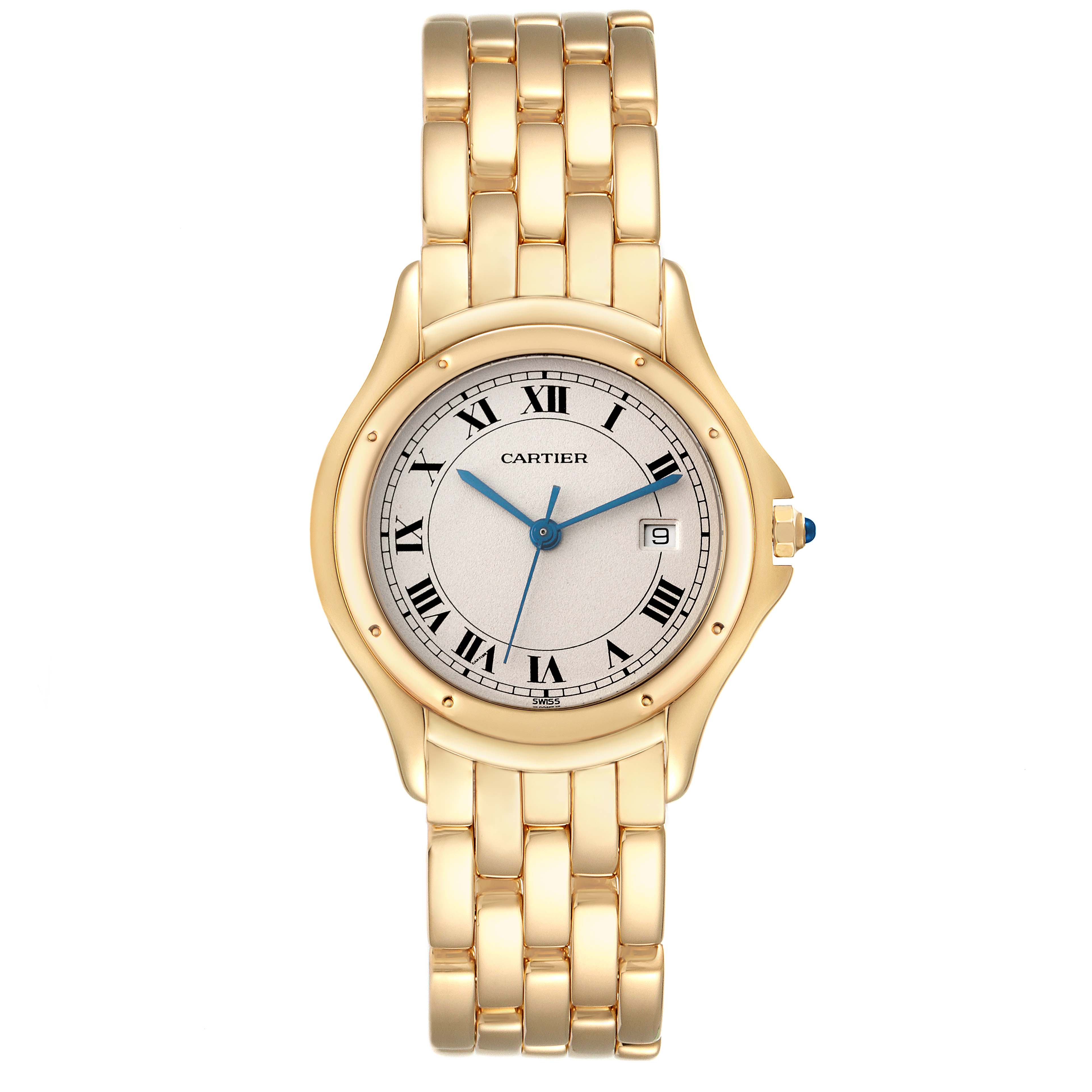 The image shows a front view of a Cartier Panthère watch featuring a gold bracelet and a white dial with Roman numerals.