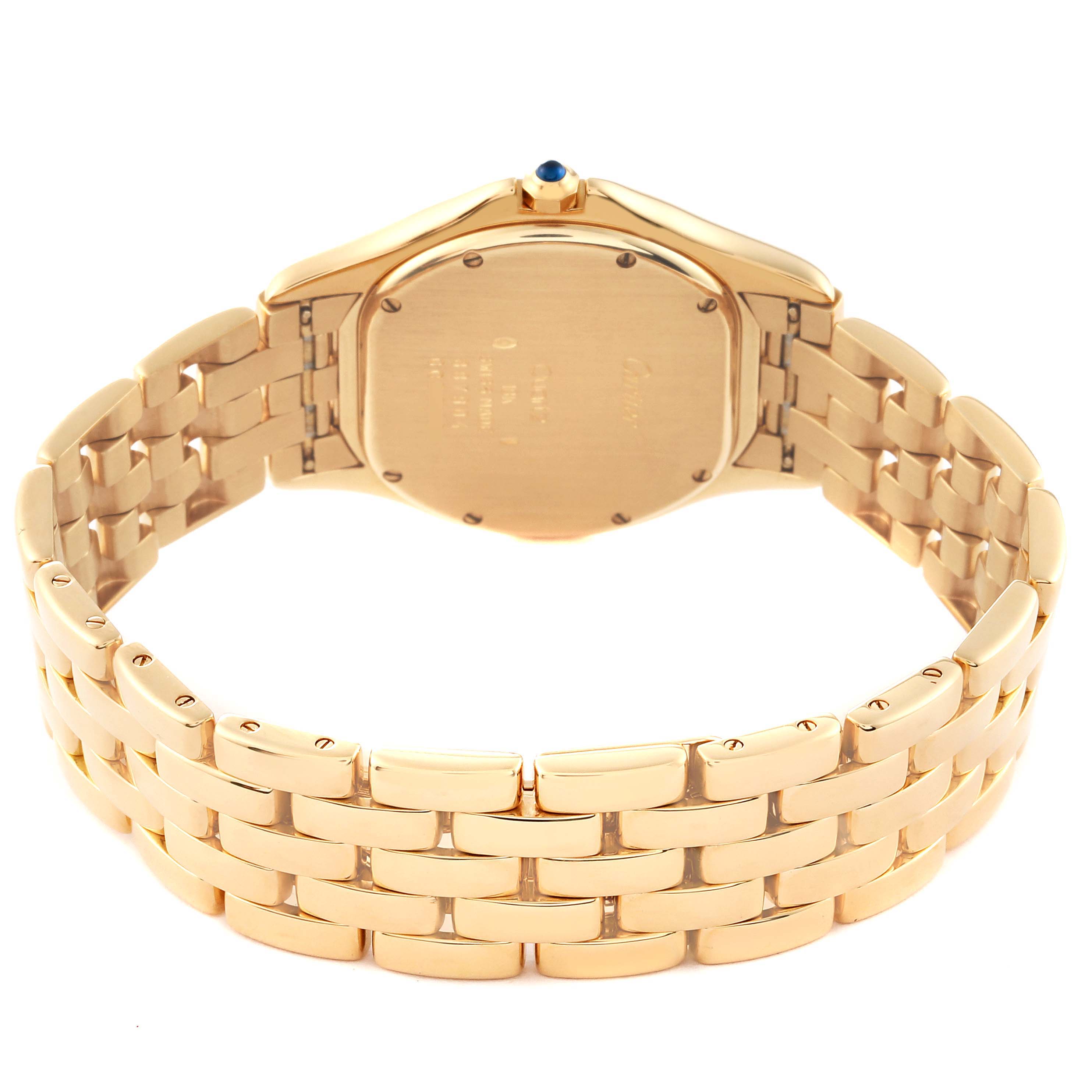 The image shows the back and bracelet of the Cartier Panthere W25013B9 Women's Yellow Gold Silver Dial W25013B9 Women's Yellow Gold Silver Dial watch from a rear angle.