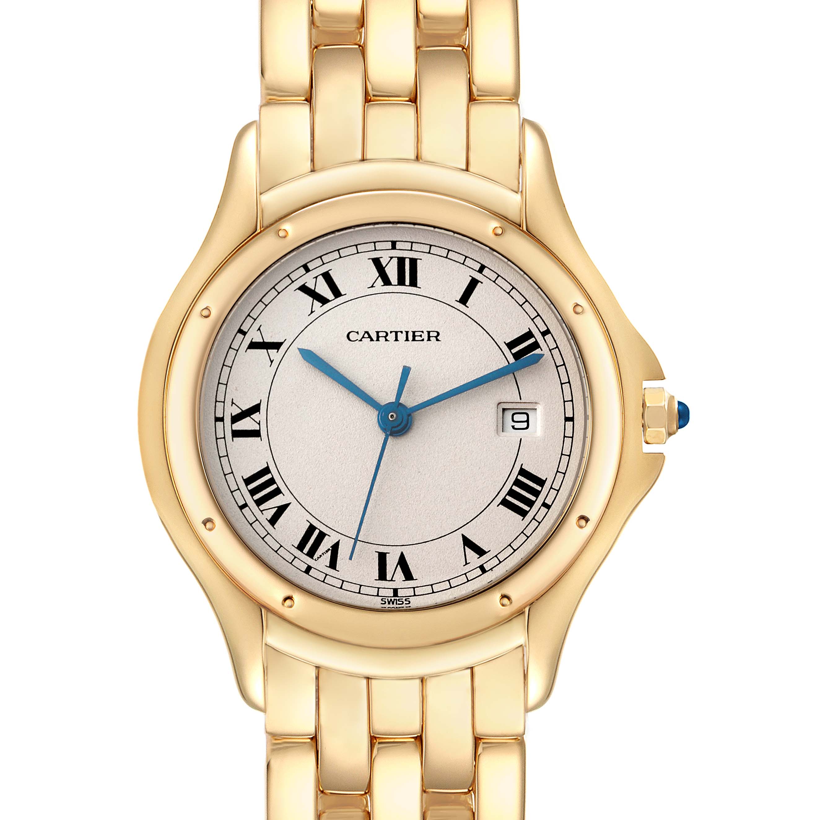 The image shows a frontal view of the Cartier Panthere W25013B9 Women's Yellow Gold Silver Dial W25013B9 Women's Yellow Gold Silver Dial watch, highlighting its gold casing, Roman numeral dial, and gold bracelet.