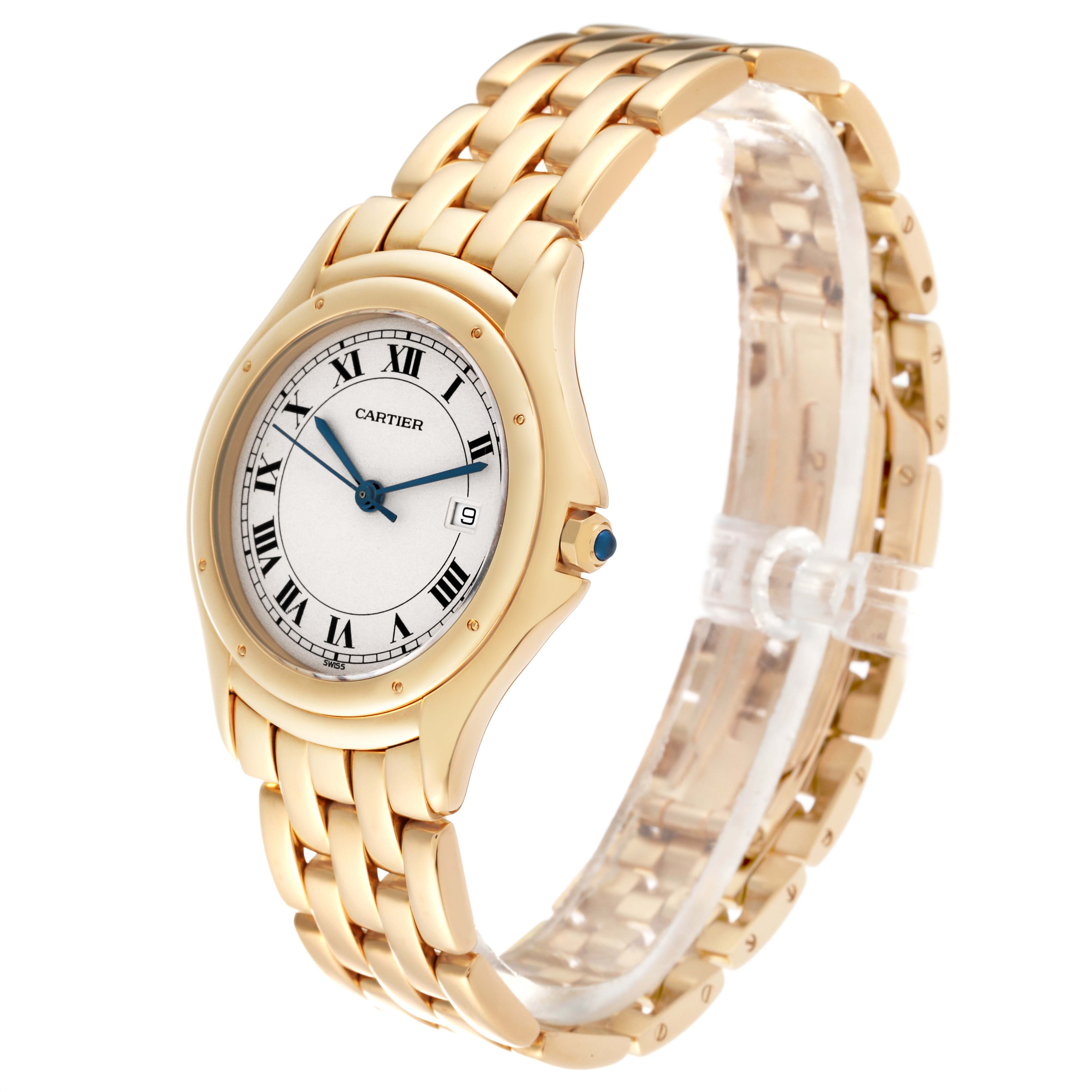 The image shows a Cartier Panthere W25013B9 Women's Yellow Gold Silver Dial W25013B9 Women's Yellow Gold Silver Dial watch from an oblique angle, highlighting the face, bezel, and gold-link bracelet.