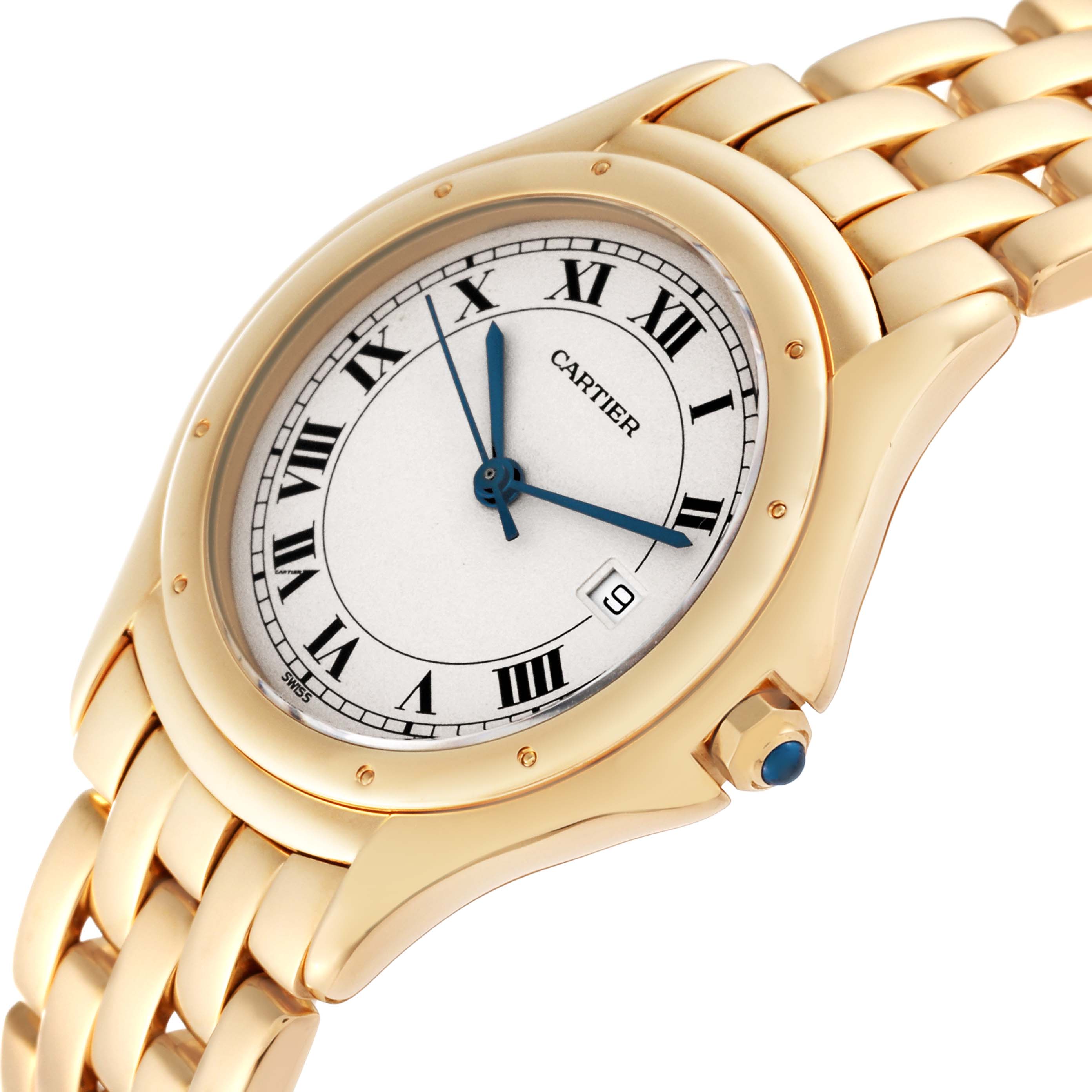 The image shows a close-up angle of the dial and bracelet of the Cartier Panthere W25013B9 Women's Yellow Gold Silver Dial W25013B9 Women's Yellow Gold Silver Dial model watch.