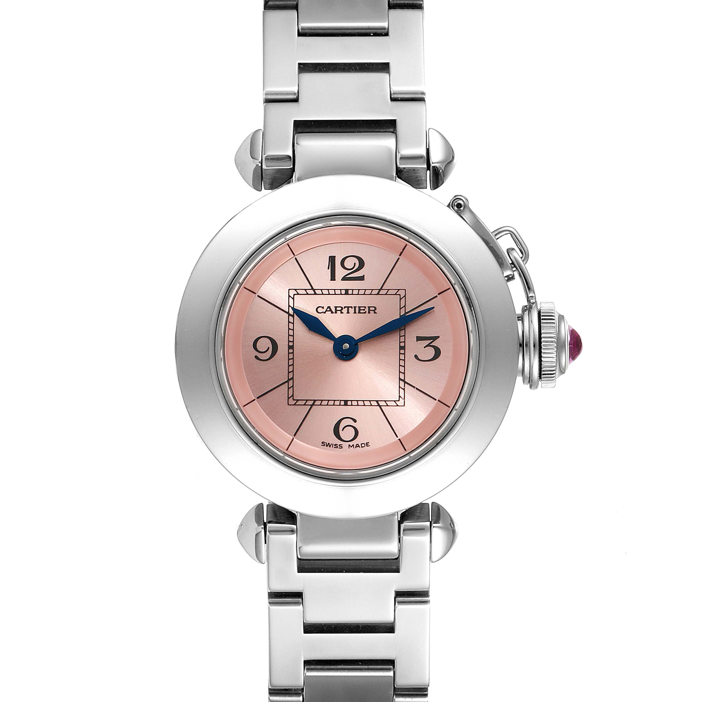 This image shows a frontal view of a Cartier Pasha W3140008 Women's Stainless Steel Pink Dial W3140008 Women's Stainless Steel Pink Dial watch, highlighting its pink dial, blue hands, and metallic bracelet.