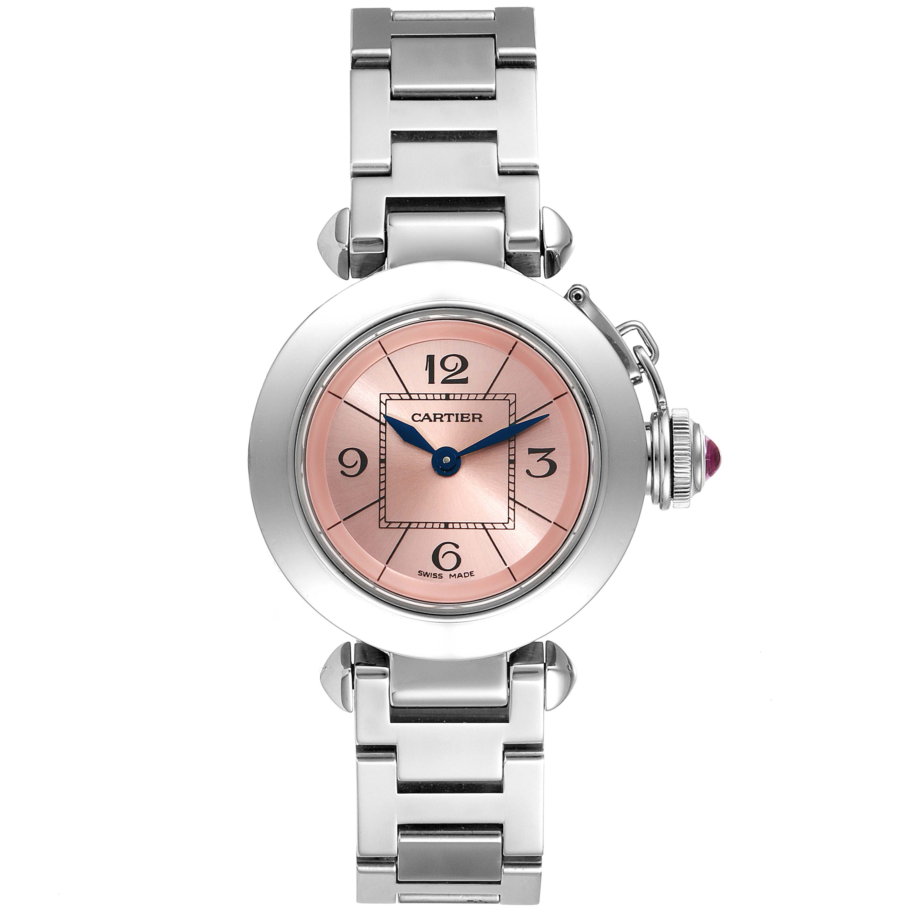 The image shows a front view of a Cartier Pasha W3140008 Women's Stainless Steel Pink Dial W3140008 Women's Stainless Steel Pink Dial watch with a metal bracelet and pink dial.