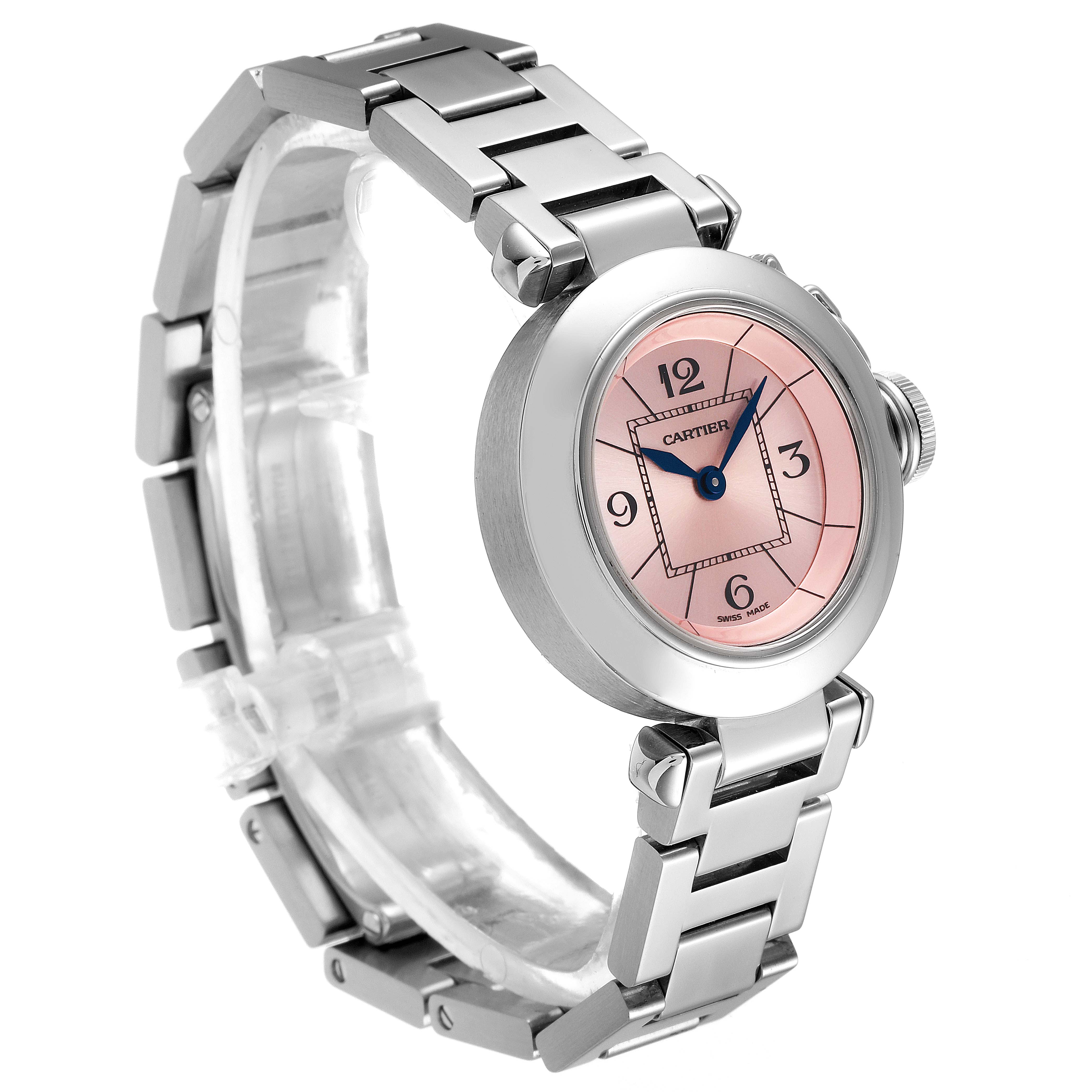 This image shows a side view of a Cartier Pasha W3140008 Women's Stainless Steel Pink Dial W3140008 Women's Stainless Steel Pink Dial watch with a pink dial and stainless steel bracelet.
