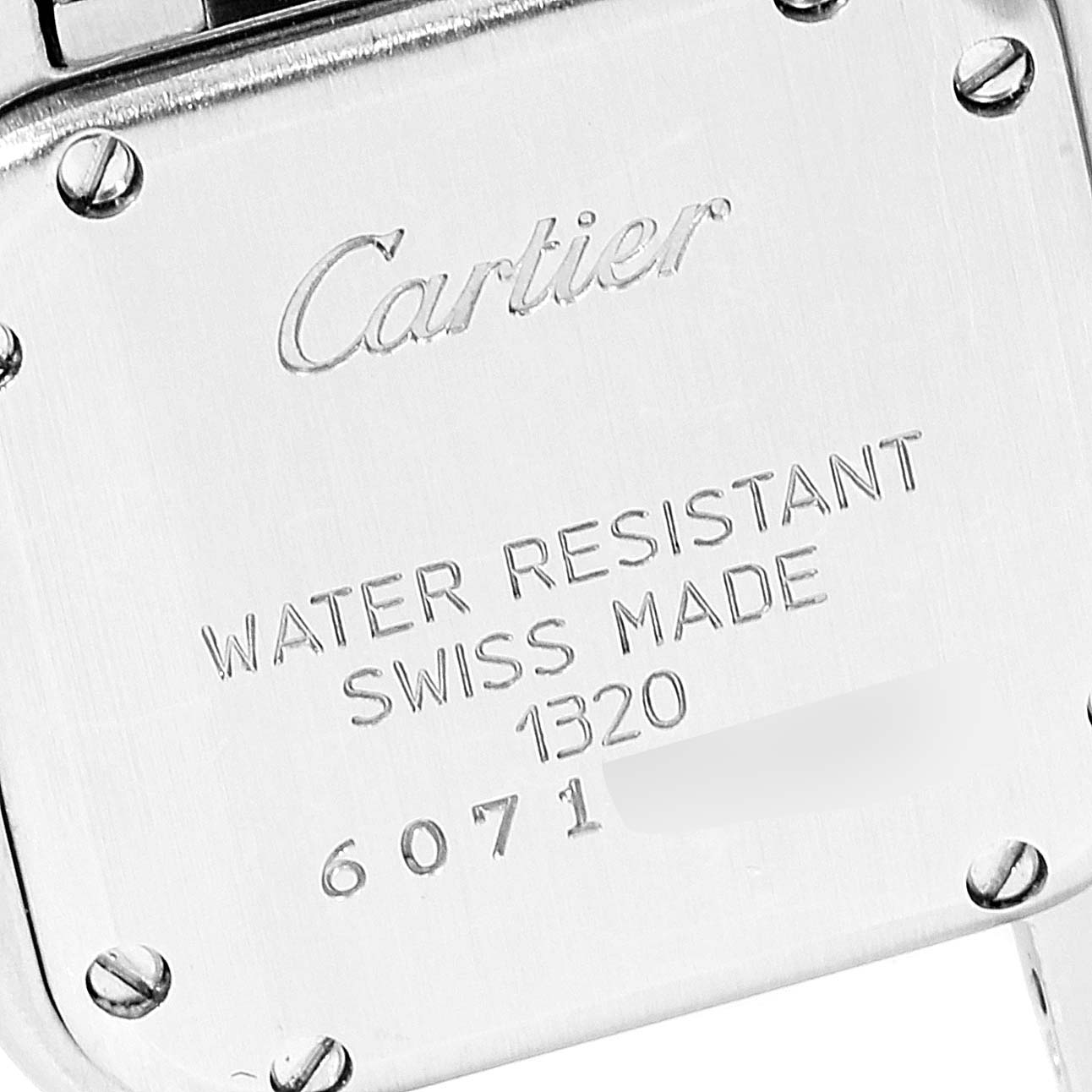 The image shows the case back of a Cartier Panthere W25033P5 Women
s Stainless Steel Silver Dial W25033P5 Women
s Stainless Steel Silver Dial watch, displaying the brand name, water resistance, and serial numbers.