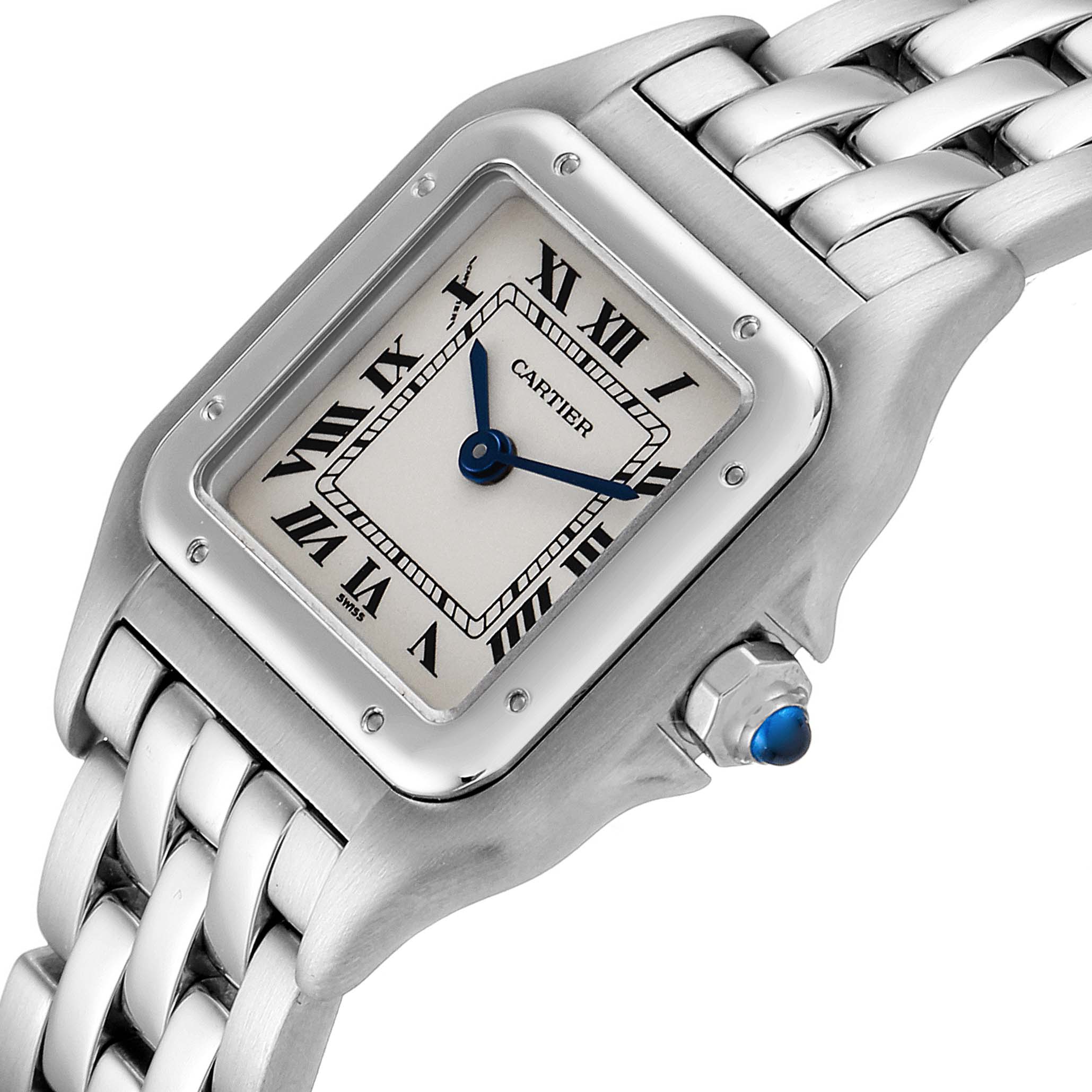This image shows a close-up angled view of the Cartier Panthere W25033P5 Women
s Stainless Steel Silver Dial W25033P5 Women
s Stainless Steel Silver Dial watch, focusing on the face, bezel, crown, and part of the bracelet.
