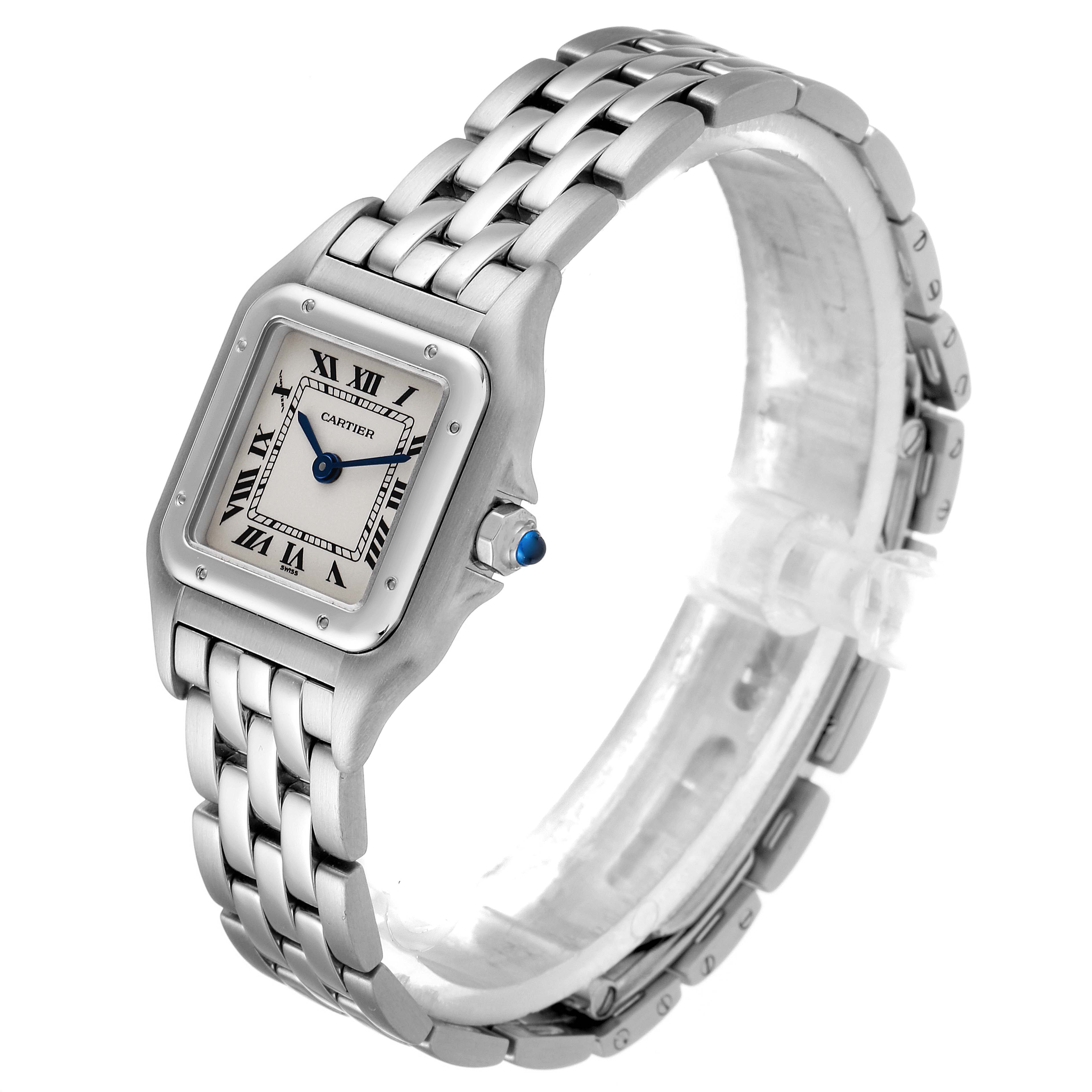 The image shows a Cartier Panthere W25033P5 Women
s Stainless Steel Silver Dial W25033P5 Women
s Stainless Steel Silver Dial watch at an angled view, highlighting its face, bezel, crown, and bracelet.