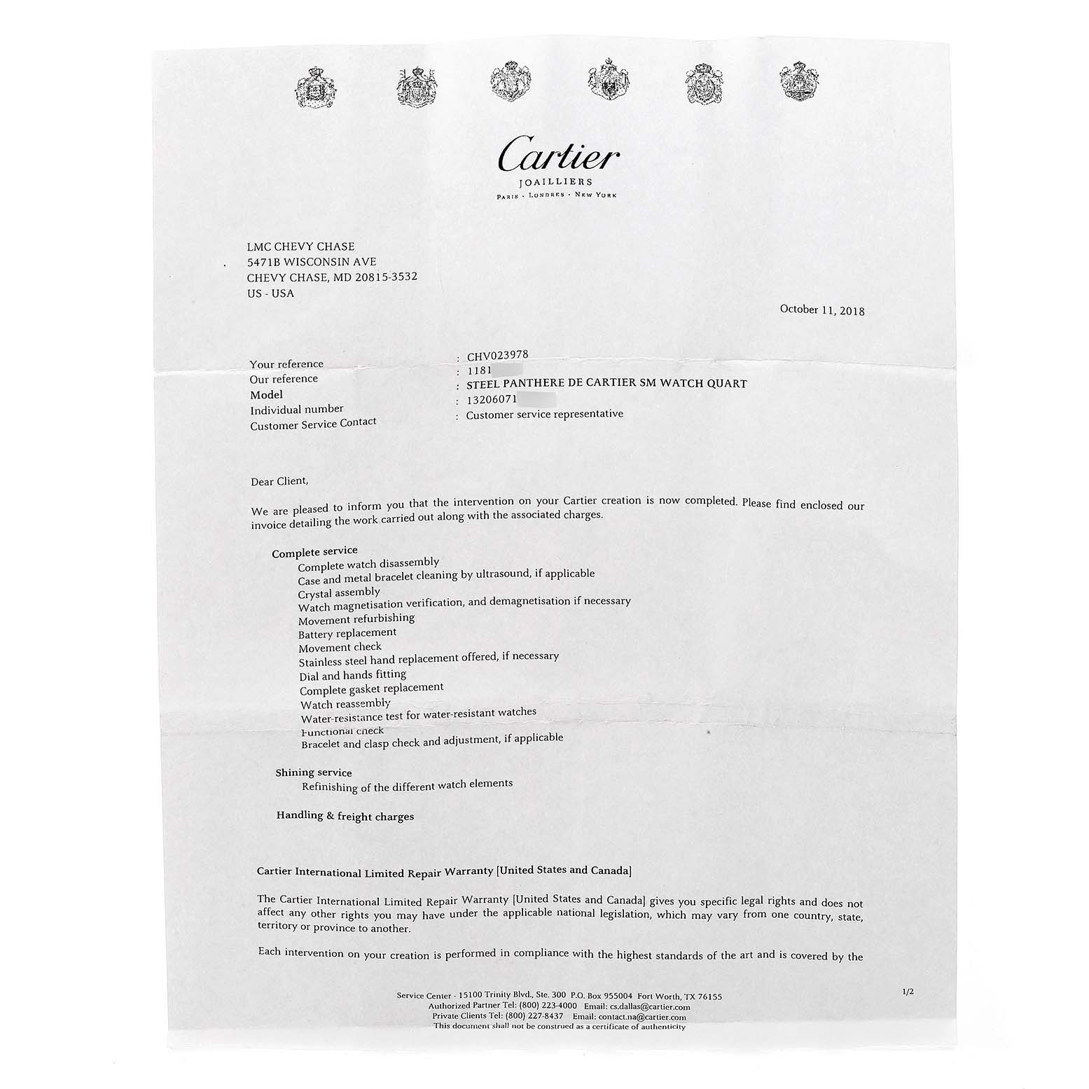 The image shows a detailed service document for the Cartier Panthere W25033P5 Women
s Stainless Steel Silver Dial W25033P5 Women
s Stainless Steel Silver Dial model watch.