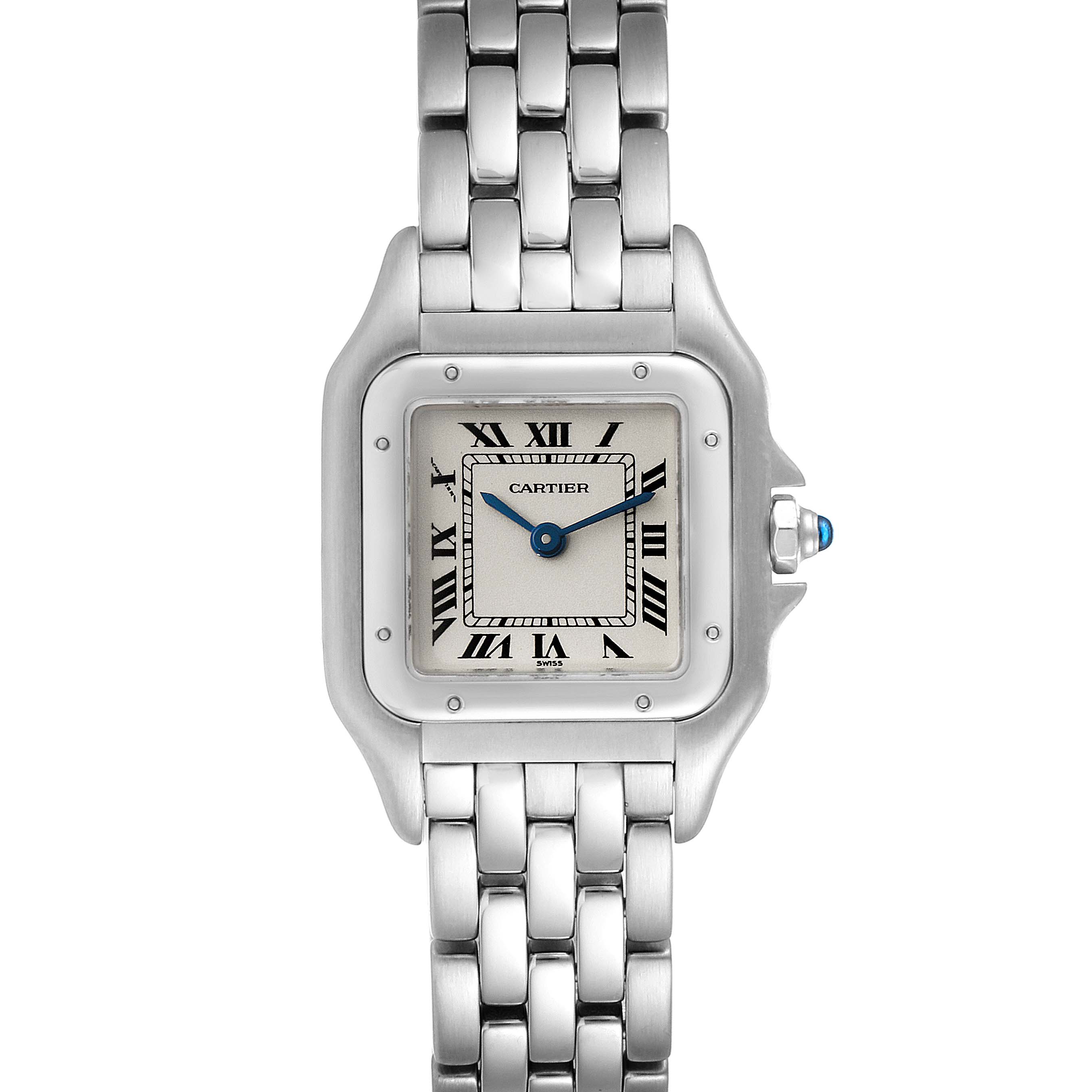 The Cartier Panthere W25033P5 Women
s Stainless Steel Silver Dial W25033P5 Women
s Stainless Steel Silver Dial model watch is shown from the front, featuring the dial, stainless steel bracelet, and crown.