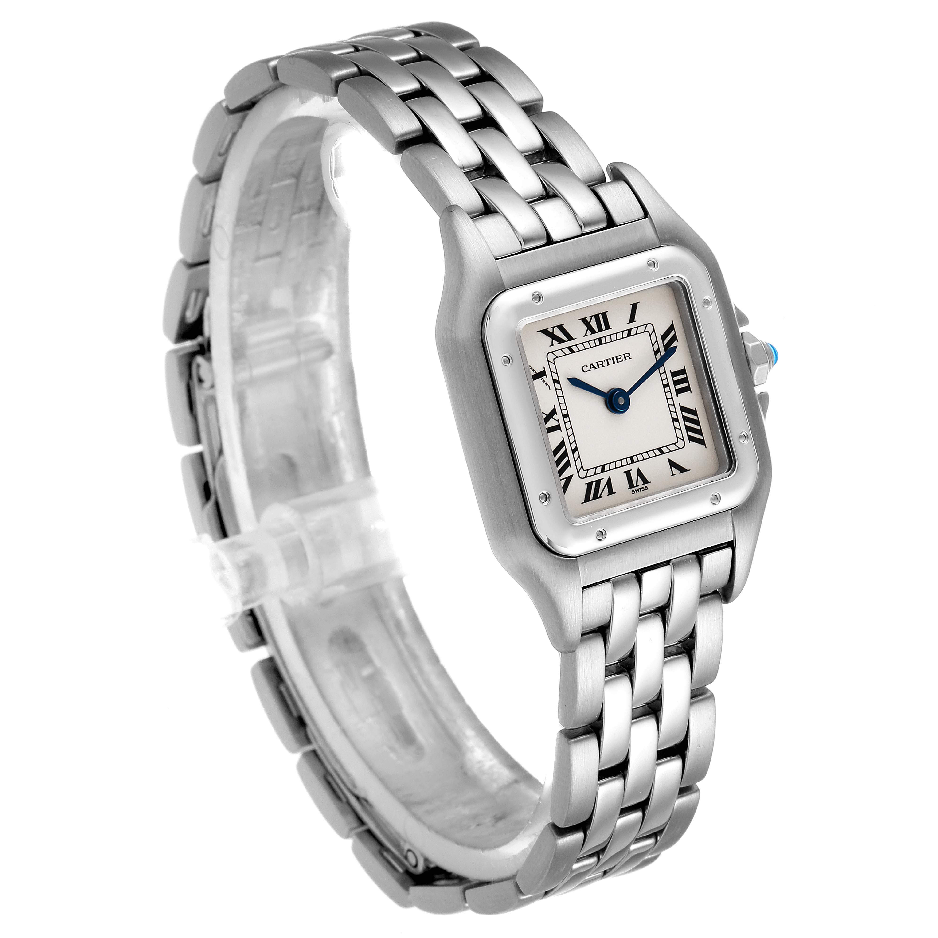 The image shows a Cartier Panthere W25033P5 Women
s Stainless Steel Silver Dial W25033P5 Women
s Stainless Steel Silver Dial model watch from a three-quarter angle, highlighting its bracelet and face.