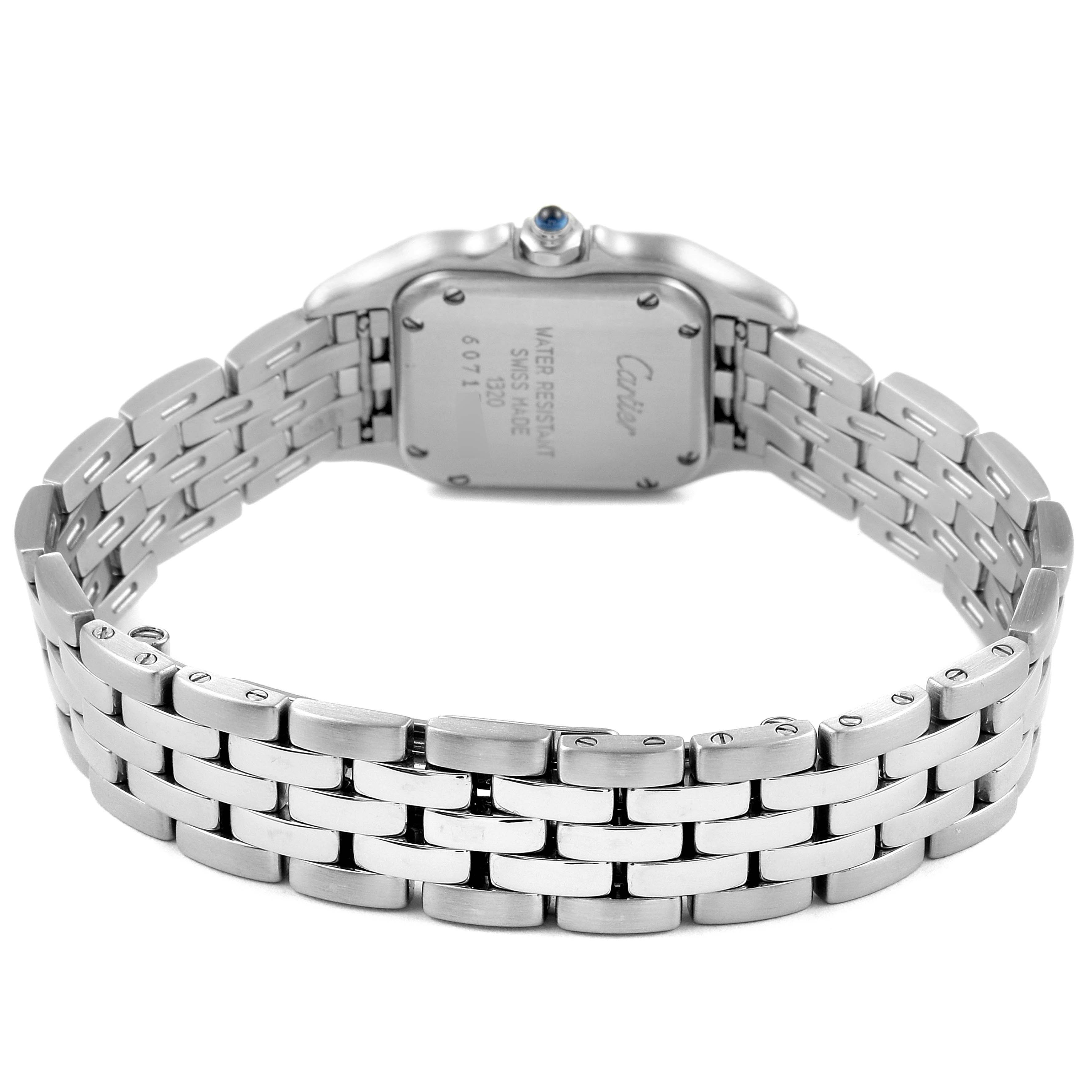 The image shows the back of a Cartier Panthere W25033P5 Women
s Stainless Steel Silver Dial W25033P5 Women
s Stainless Steel Silver Dial watch, highlighting its stainless steel case back and bracelet.