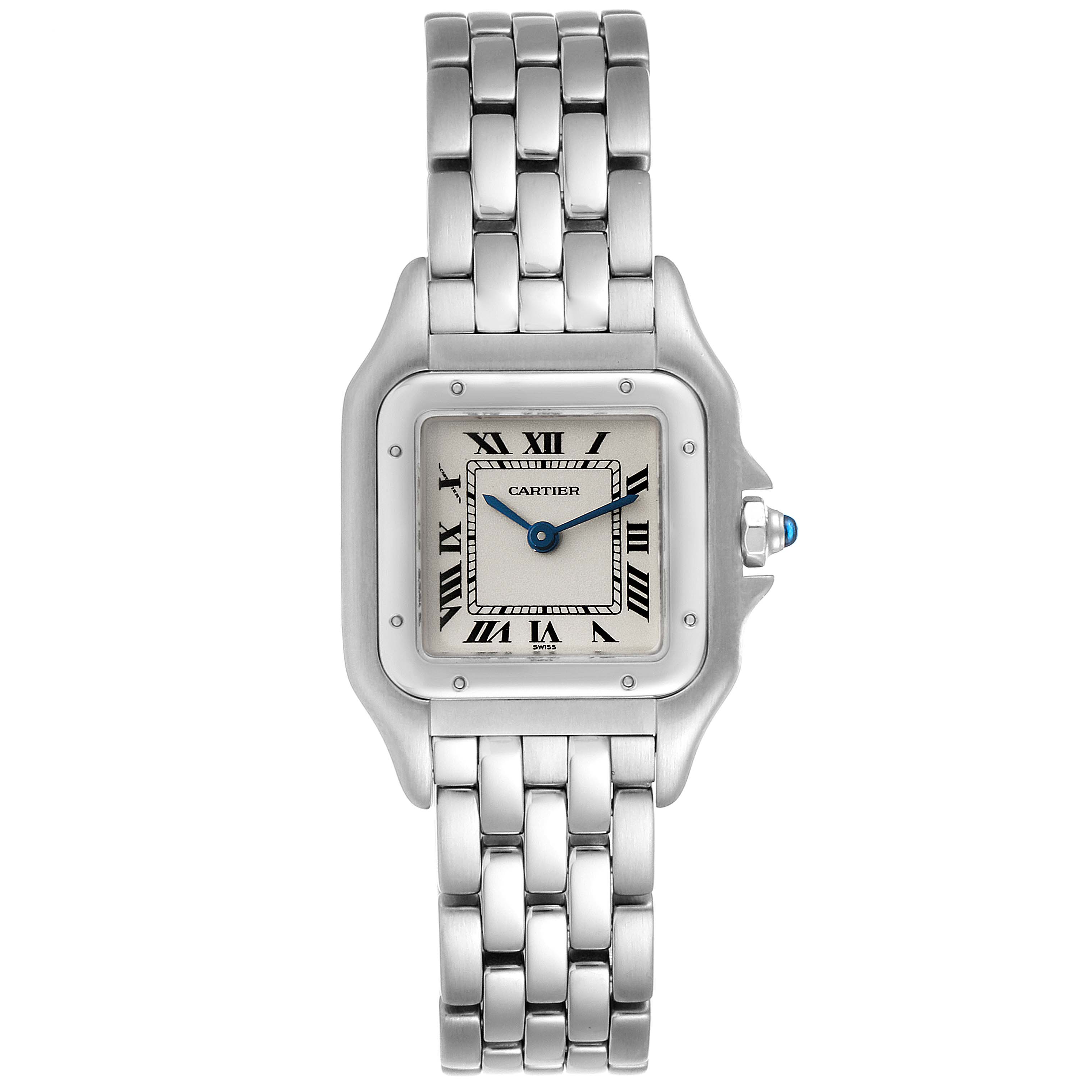 The Cartier Panthere W25033P5 Women
s Stainless Steel Silver Dial W25033P5 Women
s Stainless Steel Silver Dial model watch is shown from a top-down angle, highlighting its face and bracelet.