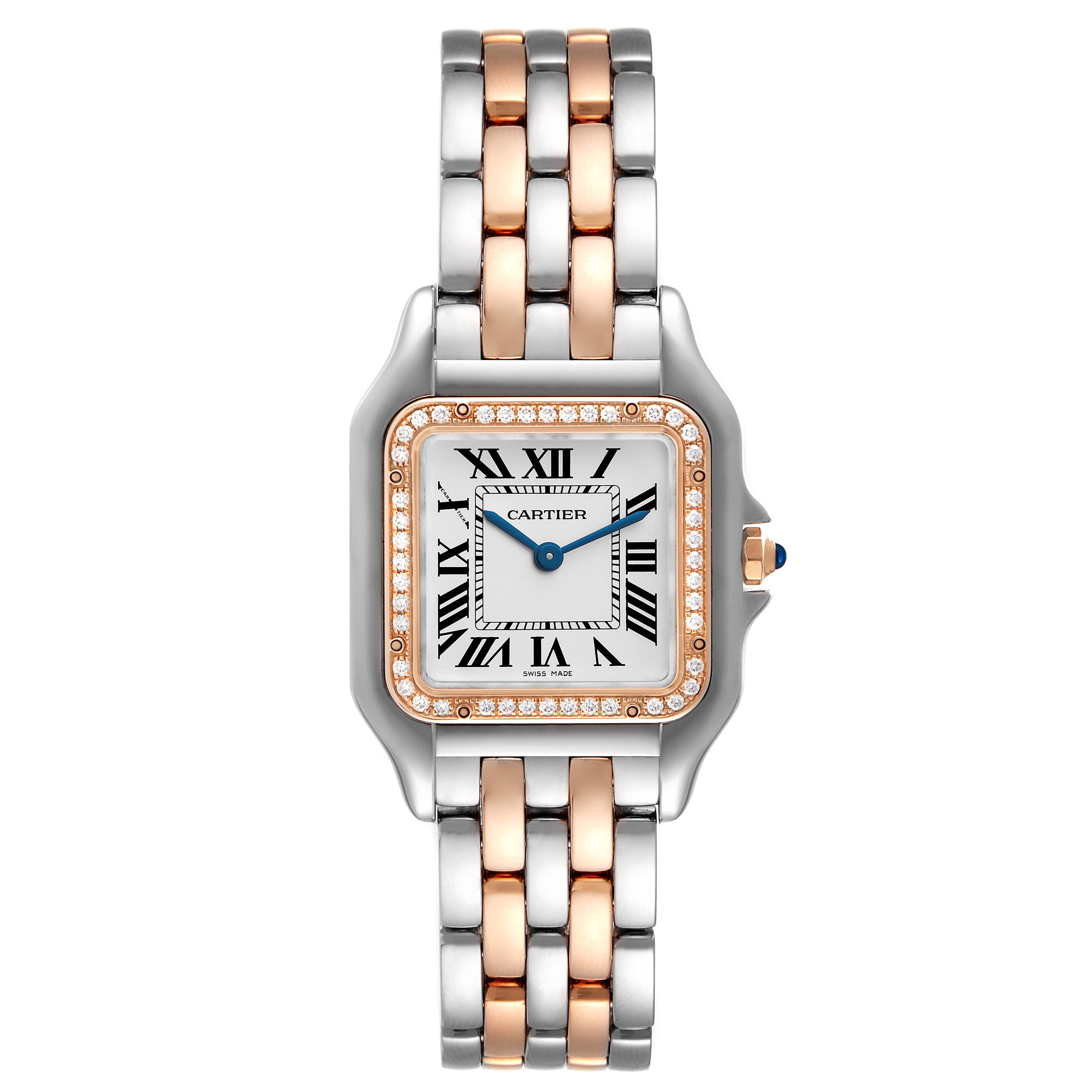 This image shows the front view of a Cartier Panthere W3PN0007 Women
s Steel and Gold (two tone) Silver Dial W3PN0007 Women
s Steel and Gold (two tone) Silver Dial watch, displaying its dial and two-tone bracelet.