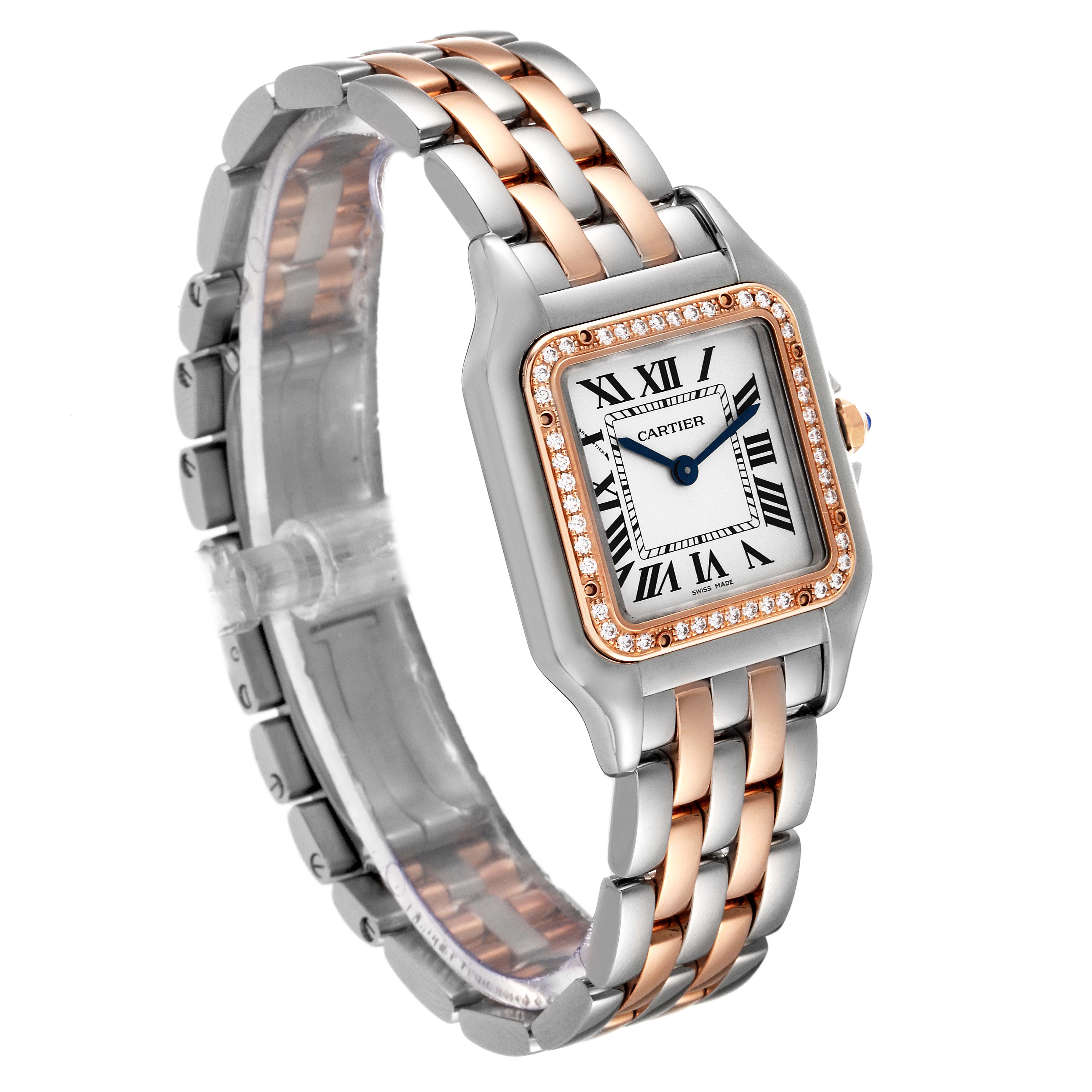 The image shows a Cartier Panthere W3PN0007 Women
s Steel and Gold (two tone) Silver Dial W3PN0007 Women
s Steel and Gold (two tone) Silver Dial watch at an angled view, highlighting its two-tone metal bracelet and diamond-studded bezel.