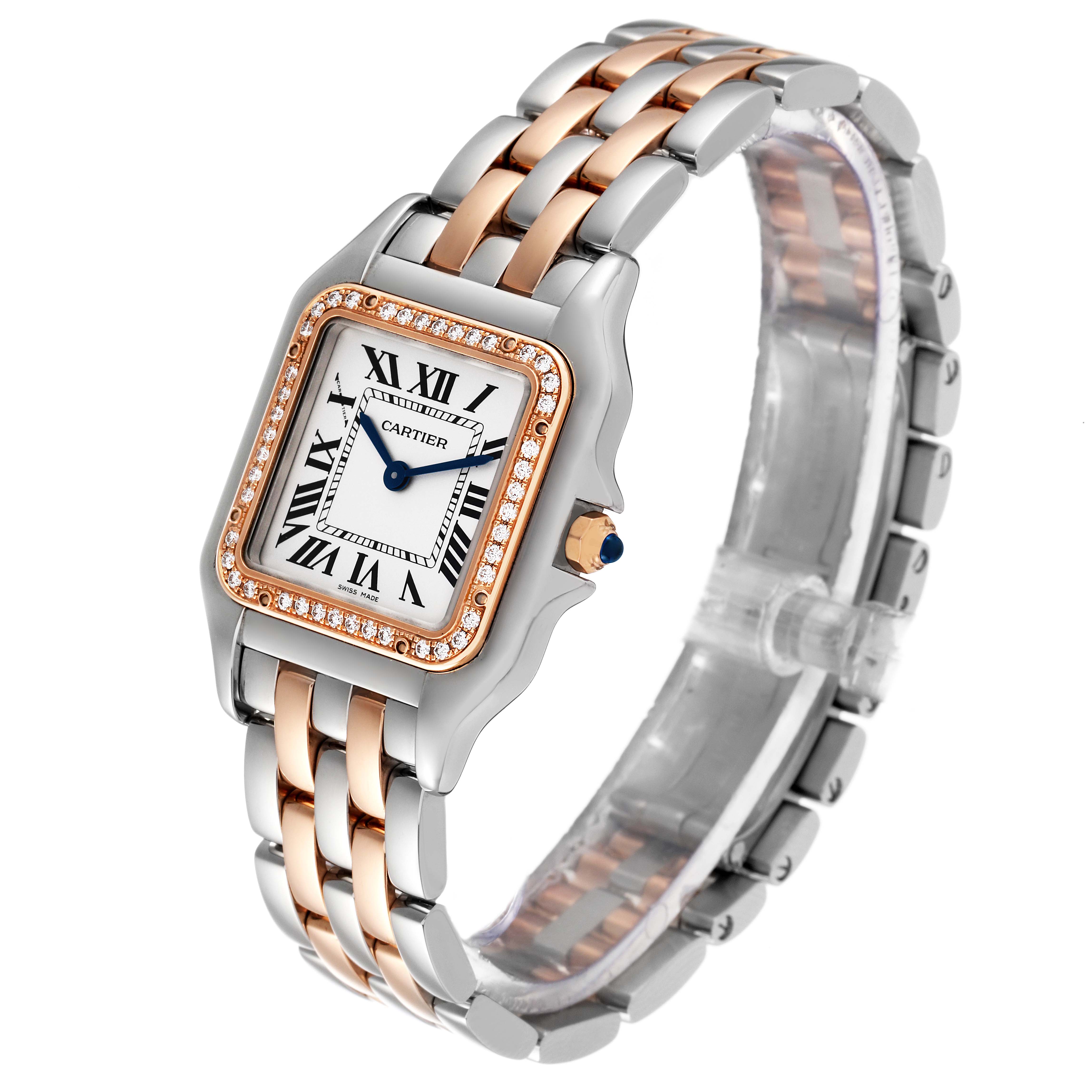 The image shows a Panthere model by Cartier watch at a slight angle, displaying the face and full bracelet.