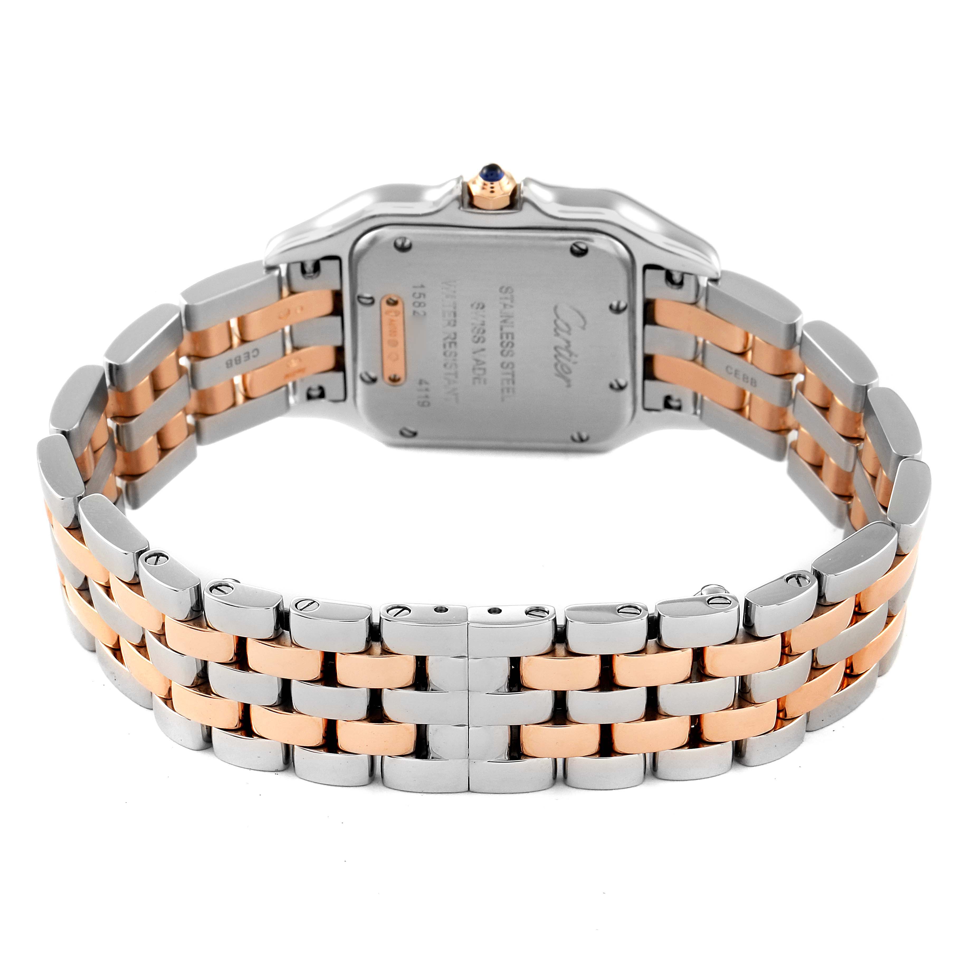The image shows the back view of a Cartier Panthere W3PN0007 Women
s Steel and Gold (two tone) Silver Dial W3PN0007 Women
s Steel and Gold (two tone) Silver Dial watch, highlighting its stainless steel and rose gold bracelet.