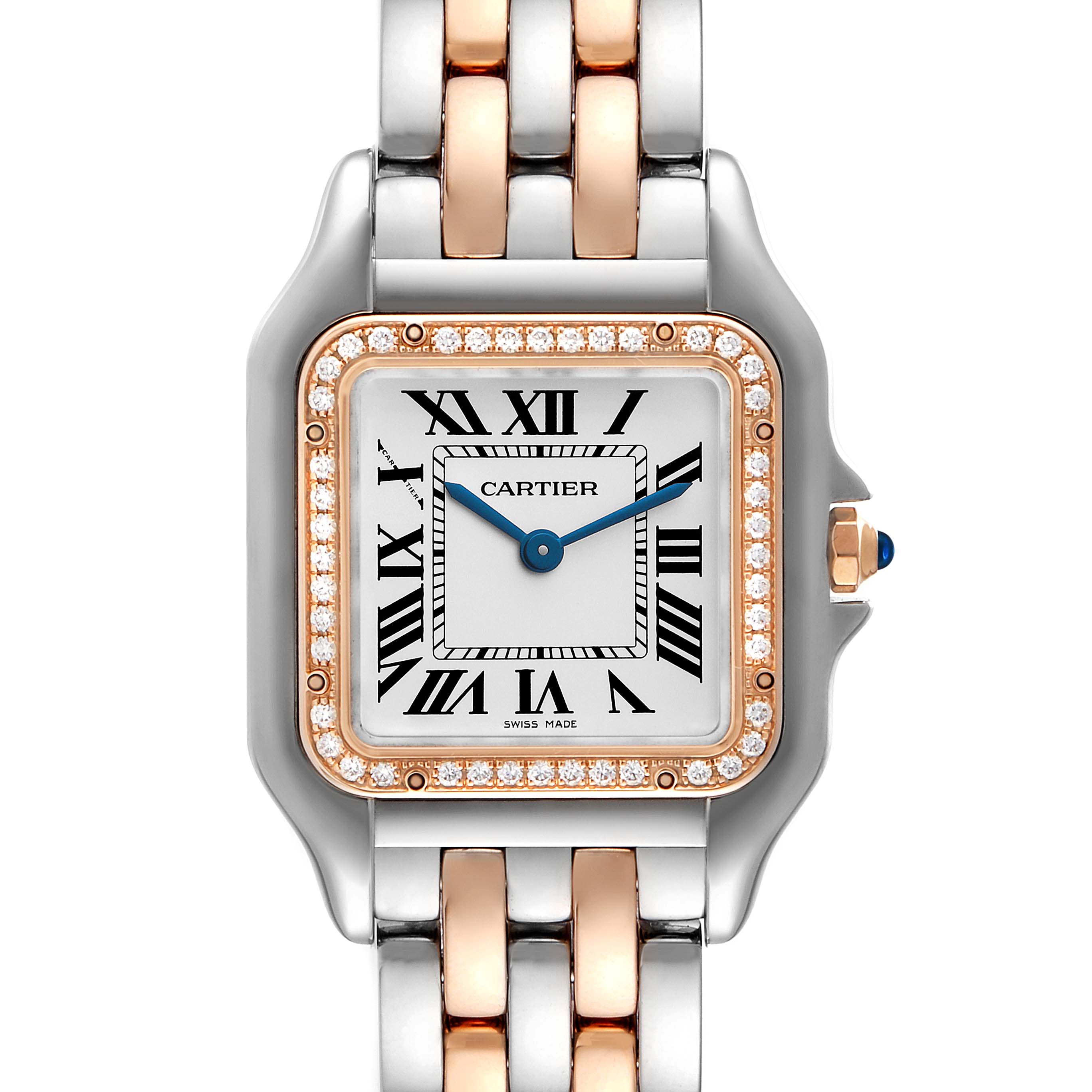 The image shows a frontal view of the Cartier Panthere W3PN0007 Women
s Steel and Gold (two tone) Silver Dial W3PN0007 Women
s Steel and Gold (two tone) Silver Dial watch, featuring its face, bezel, and part of its two-tone bracelet.