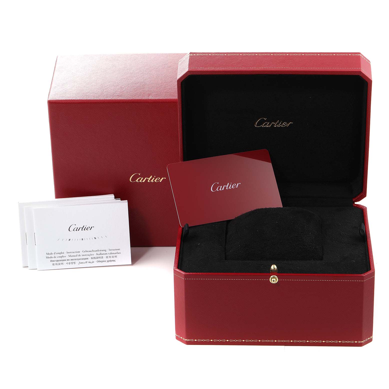 This image shows the packaging and accessories of the Cartier Panthere W3PN0007 Women
s Steel and Gold (two tone) Silver Dial W3PN0007 Women
s Steel and Gold (two tone) Silver Dial watch, including the box, cushion, booklets, and a card.