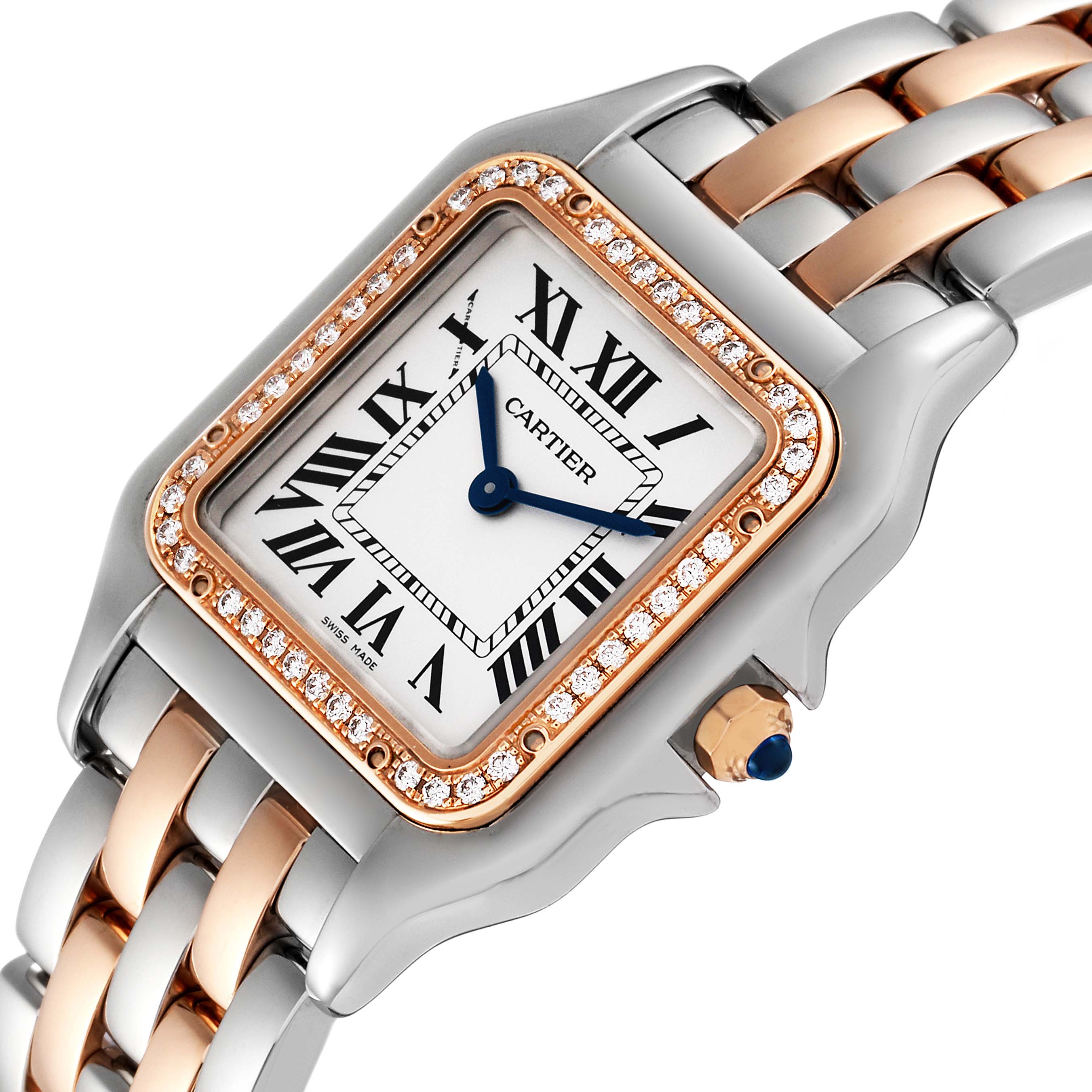 The image shows an angled close-up of the Cartier Panthere W3PN0007 Women
s Steel and Gold (two tone) Silver Dial W3PN0007 Women
s Steel and Gold (two tone) Silver Dial watch
s face, bezel, and part of the bracelet.