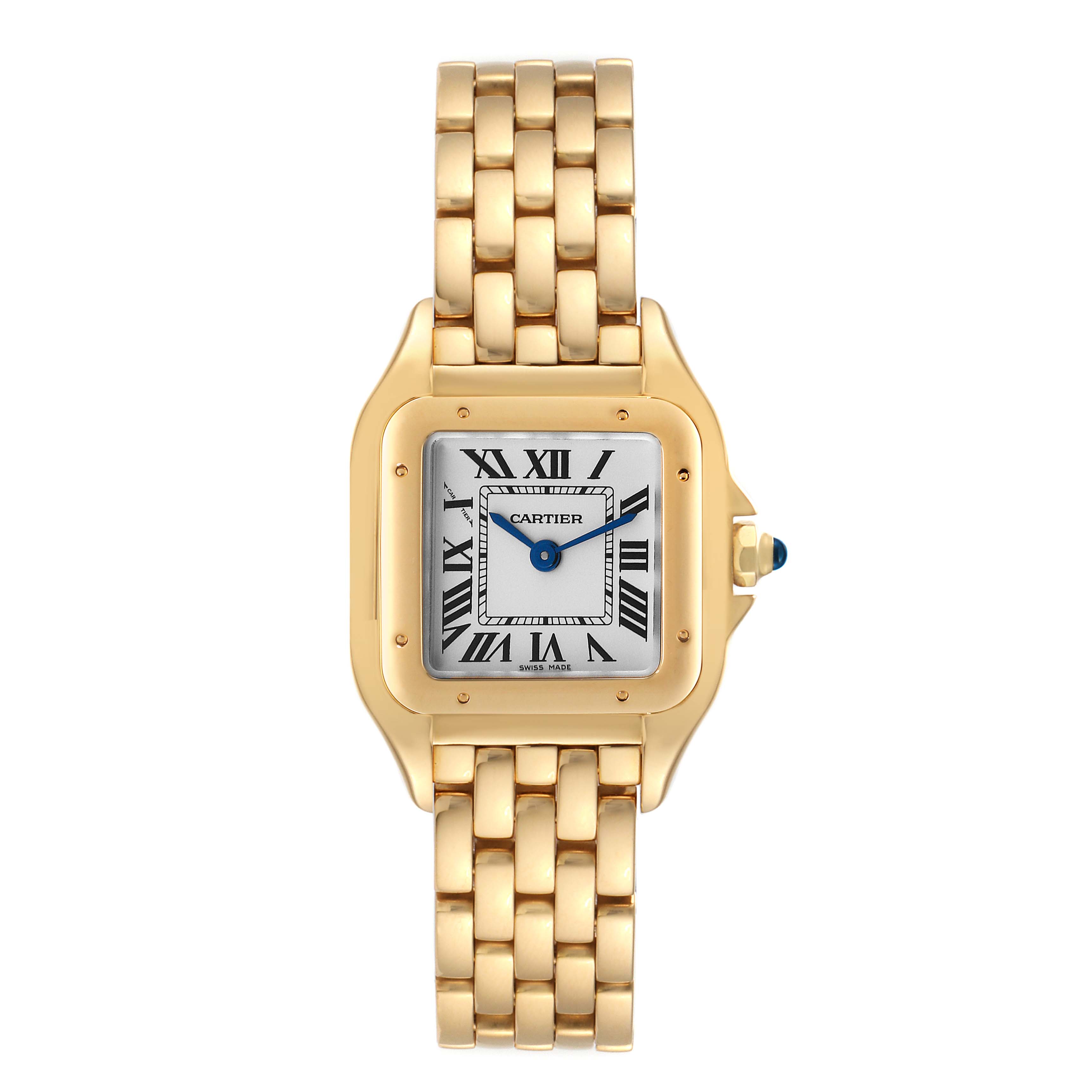 This image shows a front view of the Cartier Panthere WGPN0008 Women's Yellow Gold Silver Dial WGPN0008 Women's Yellow Gold Silver Dial watch displaying its face, hands, bezel, and bracelet.