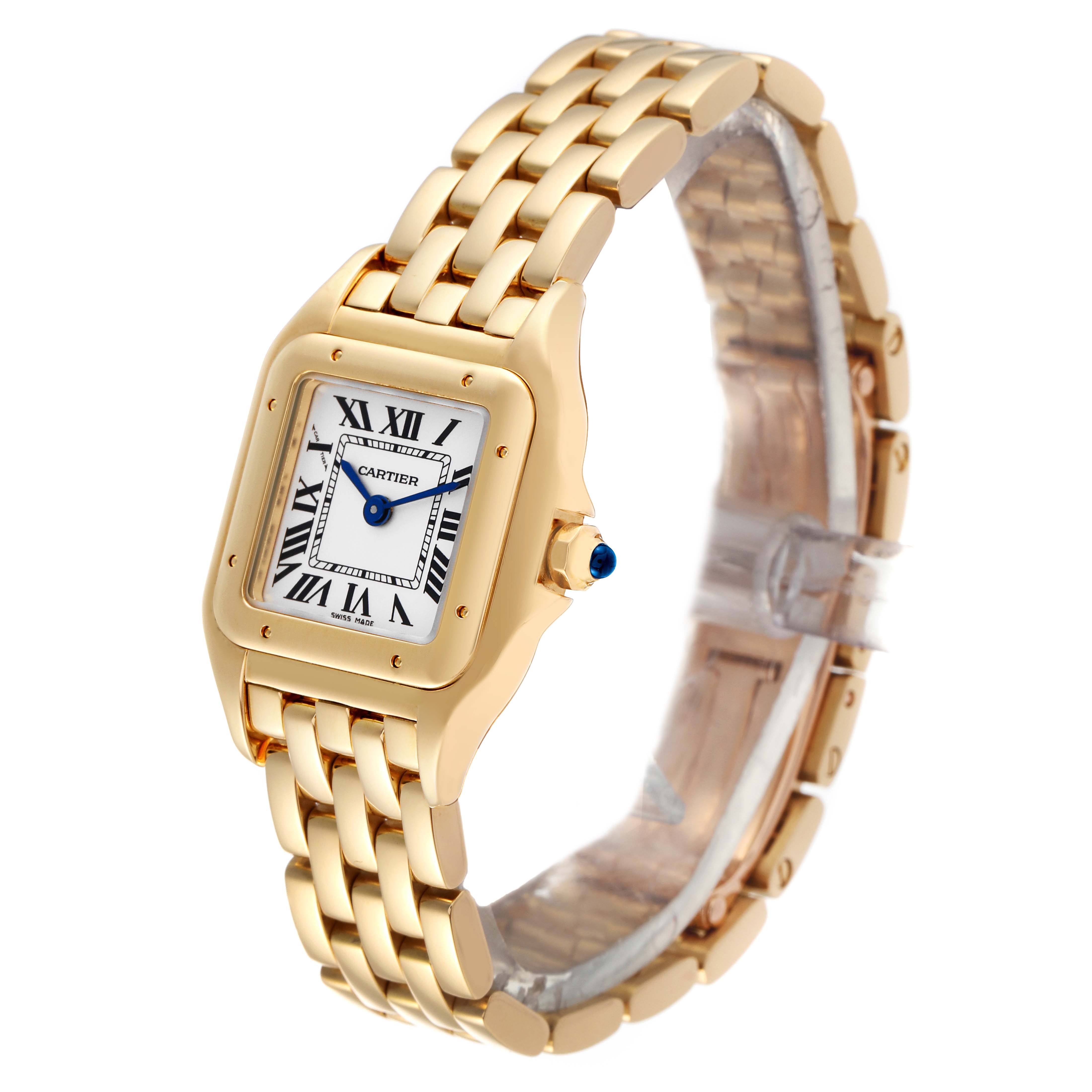 This image shows a Panthere de Cartier watch from a front-left angle, highlighting its gold case and bracelet.