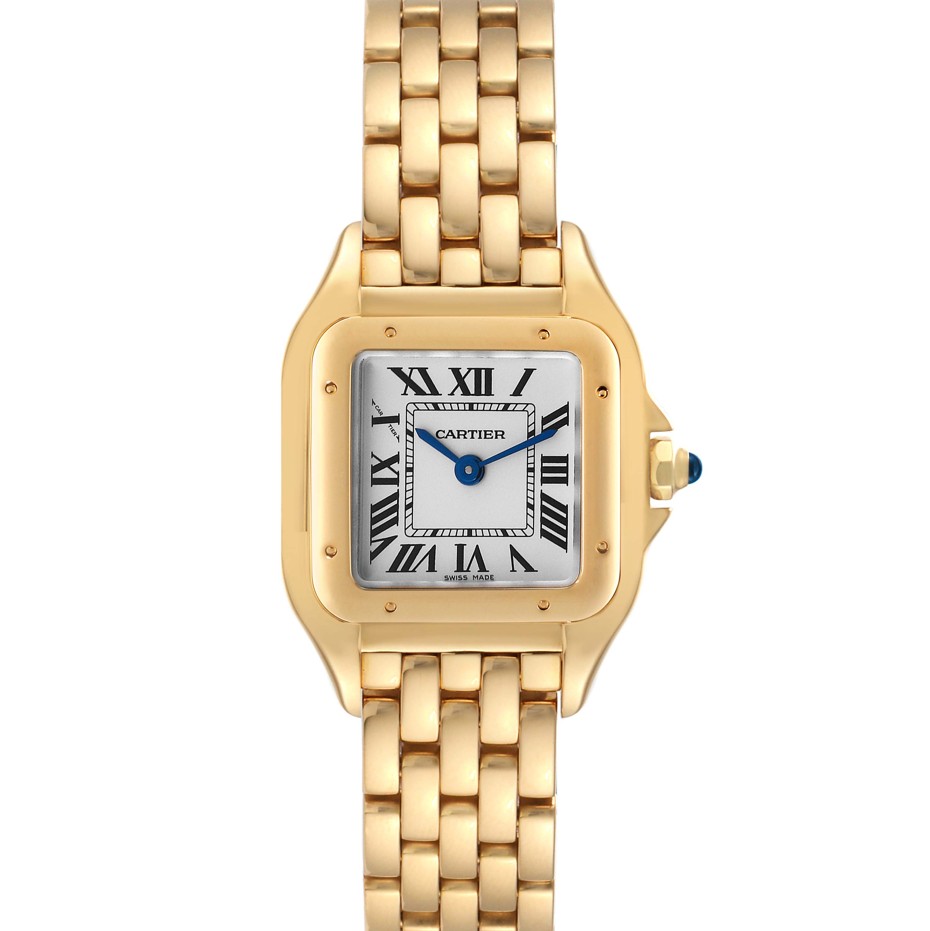 The image shows a Cartier Panthere WGPN0008 Women's Yellow Gold Silver Dial WGPN0008 Women's Yellow Gold Silver Dial watch from a top view, highlighting its square face, Roman numerals, and gold bracelet.