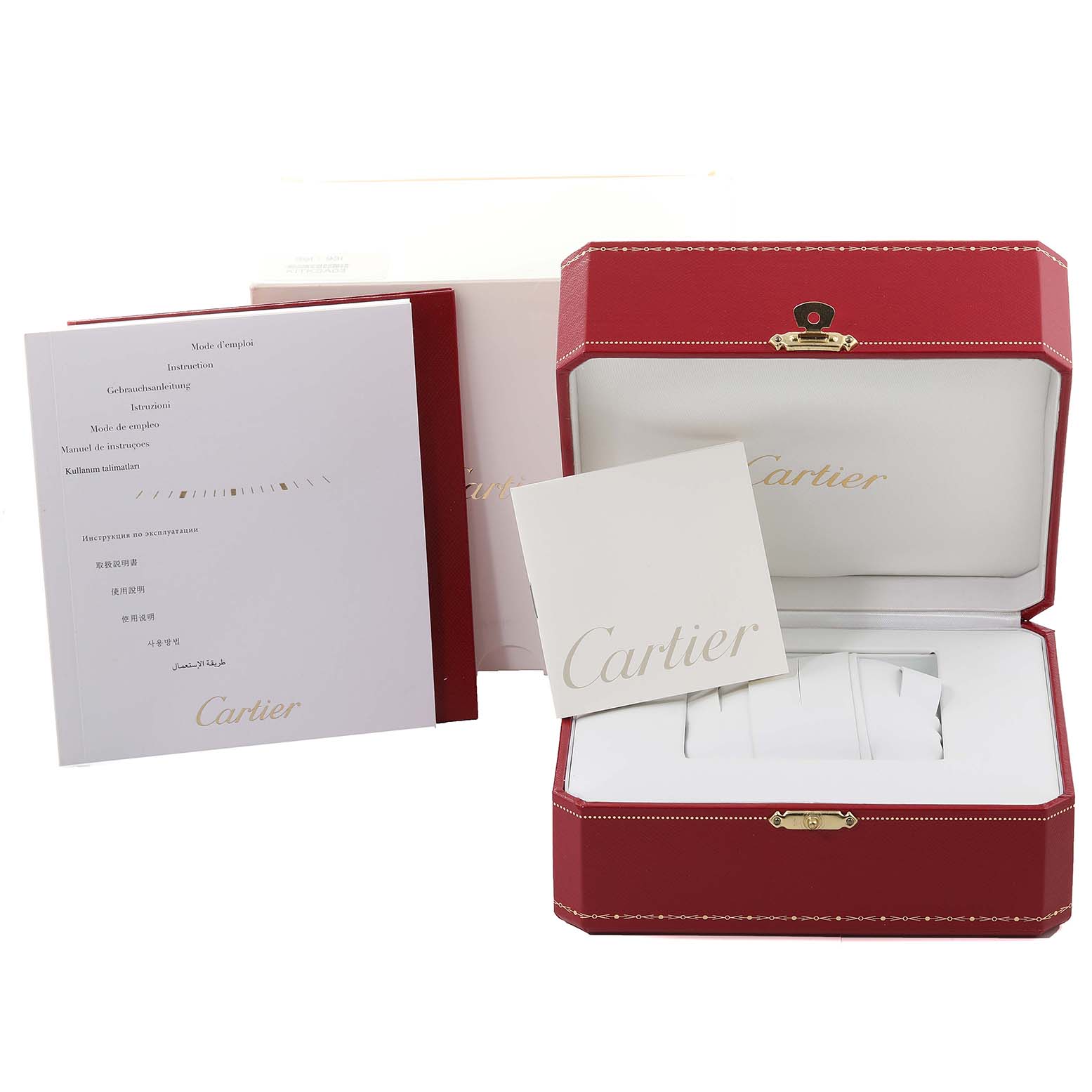 The image shows the packaging and accessories of a Cartier Panthere WGPN0008 Women's Yellow Gold Silver Dial WGPN0008 Women's Yellow Gold Silver Dial watch, including the red box, paperwork, and instruction manual.