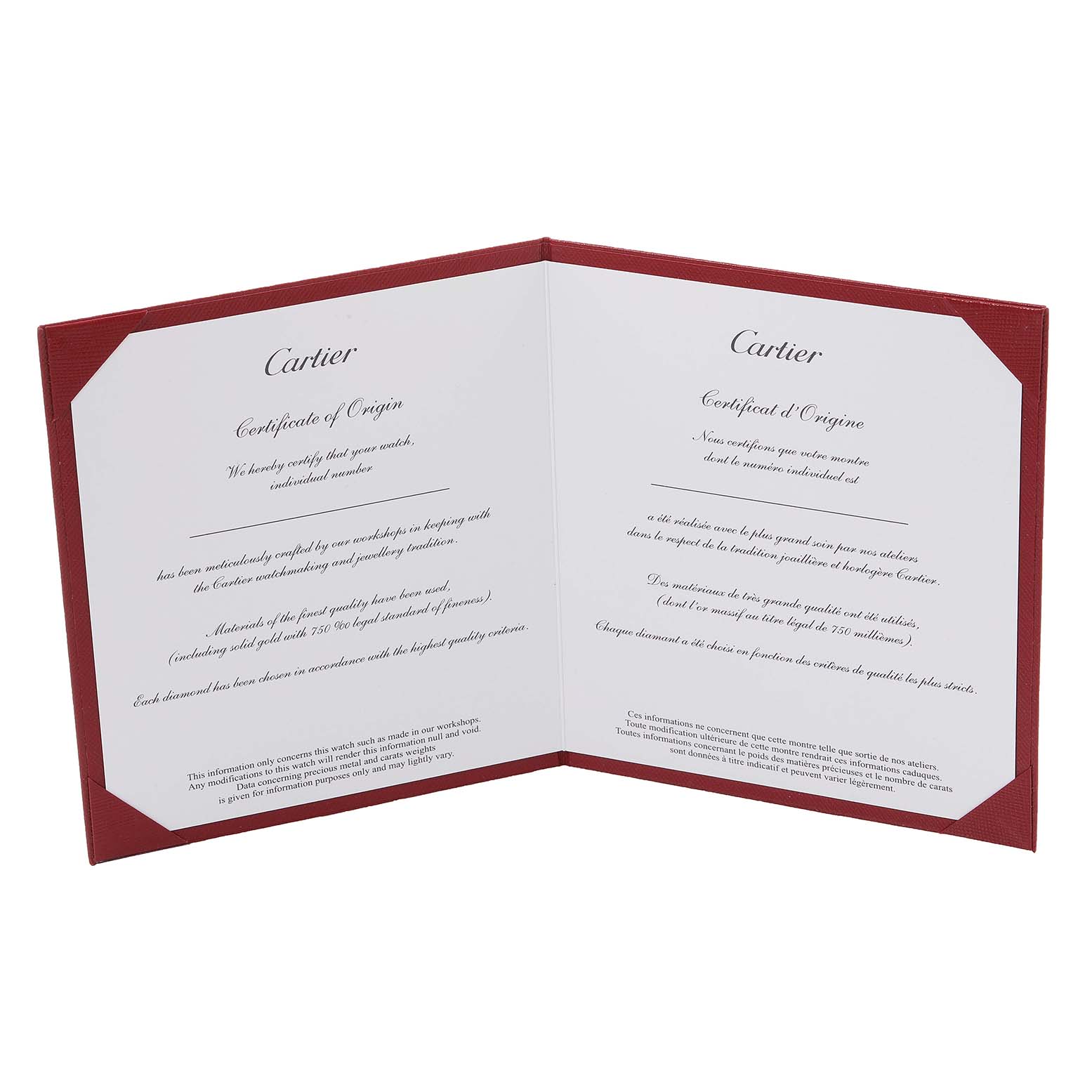 The image shows an open Certificate of Origin for the Panthere model by Cartier.