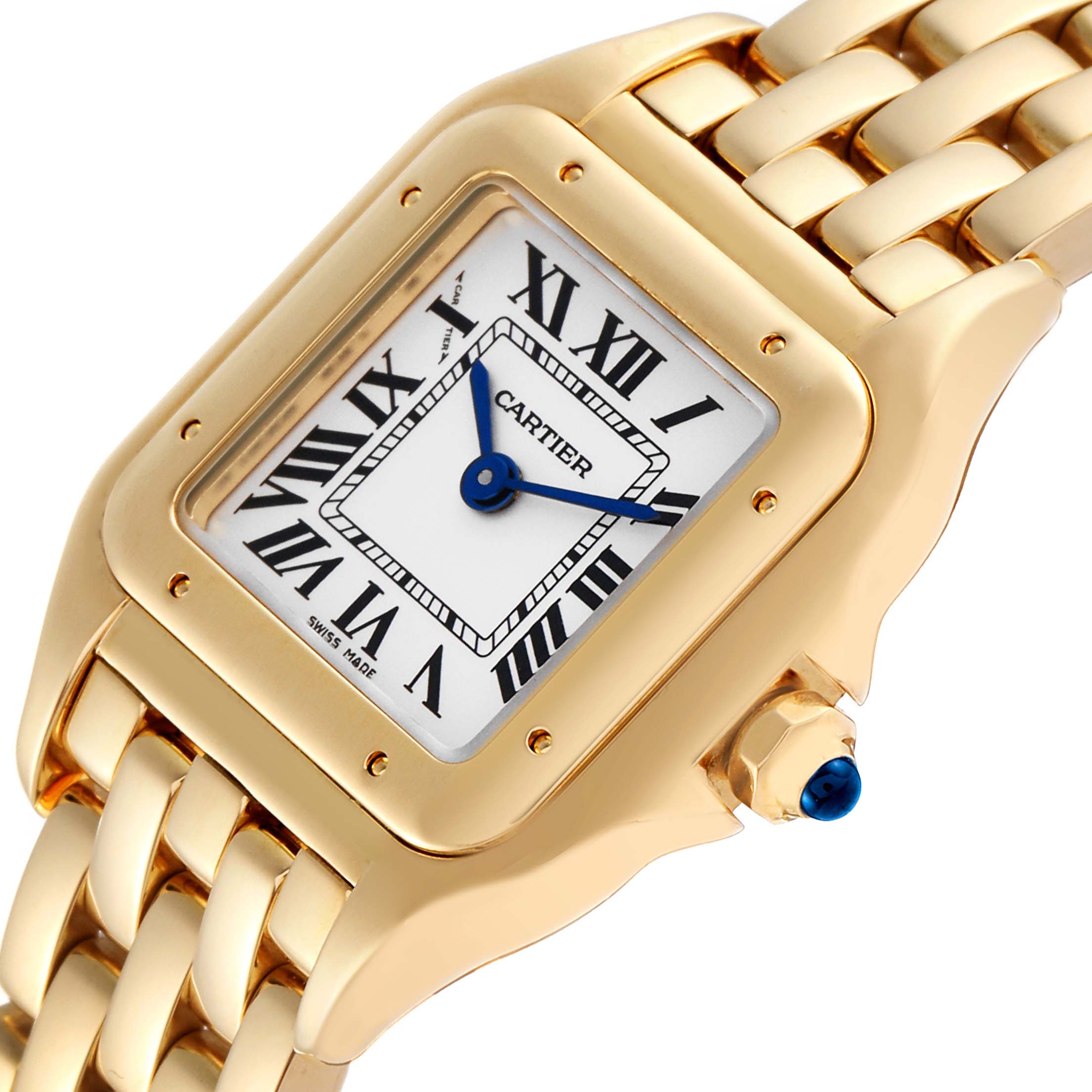 The image shows a close-up of the dial, case, crown, and part of the bracelet of a Cartier Panthere WGPN0008 Women's Yellow Gold Silver Dial WGPN0008 Women's Yellow Gold Silver Dial watch at an angle.