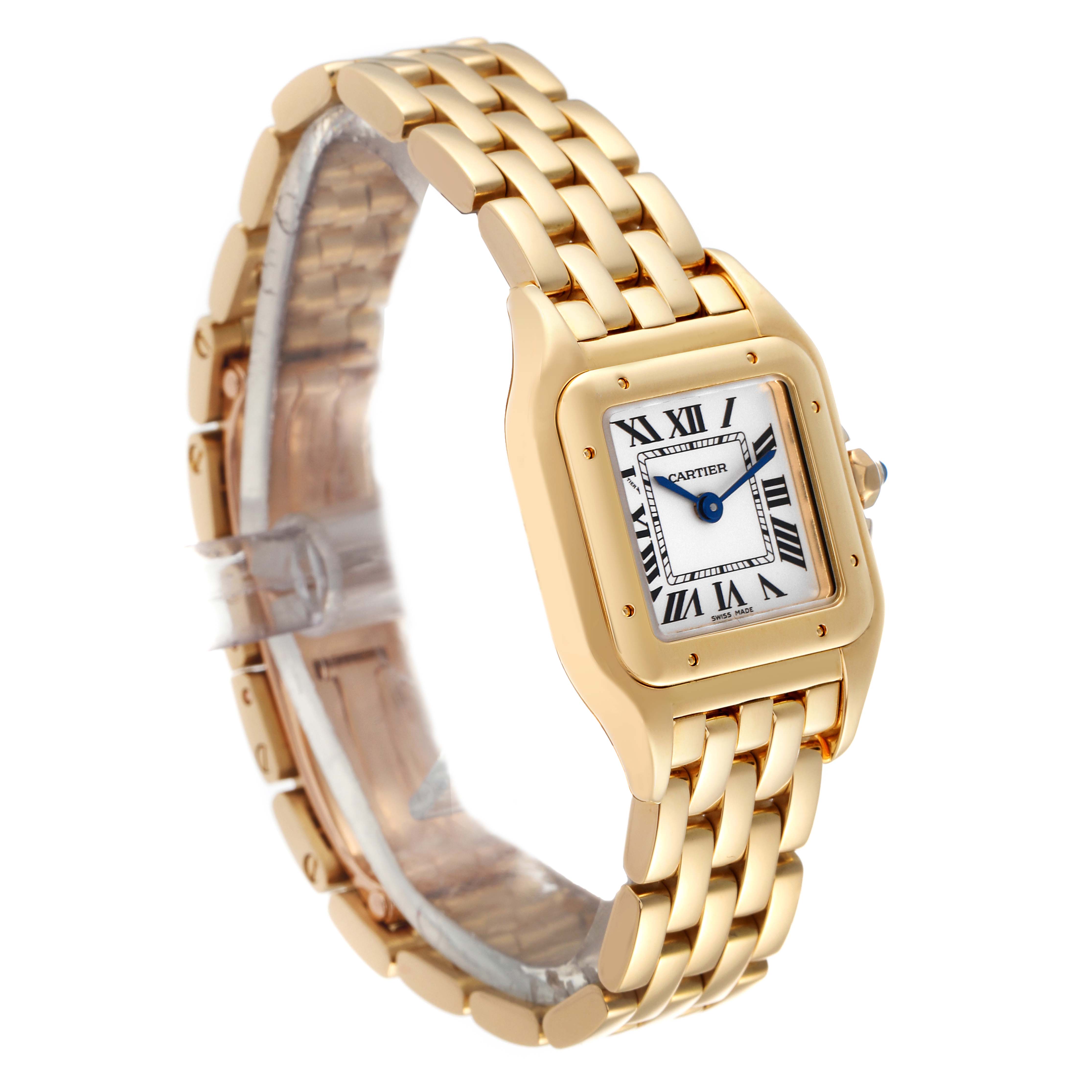 The image shows a side-angle view of a Cartier Panthere WGPN0008 Women's Yellow Gold Silver Dial WGPN0008 Women's Yellow Gold Silver Dial watch, displaying its gold-plated bracelet and square face.