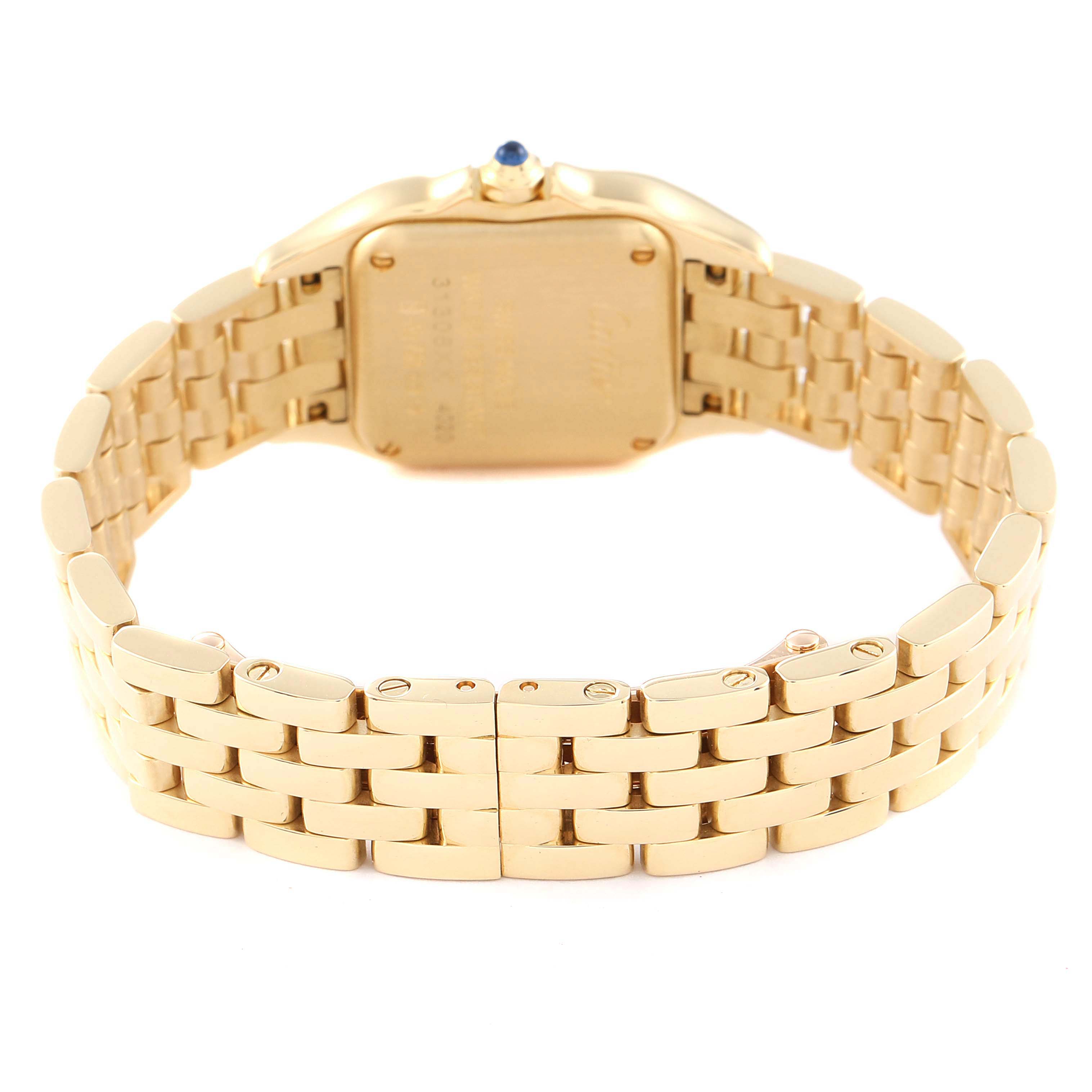 The image shows the rear view of a Cartier Panthere WGPN0008 Women's Yellow Gold Silver Dial WGPN0008 Women's Yellow Gold Silver Dial watch, highlighting its gold bracelet and case back.