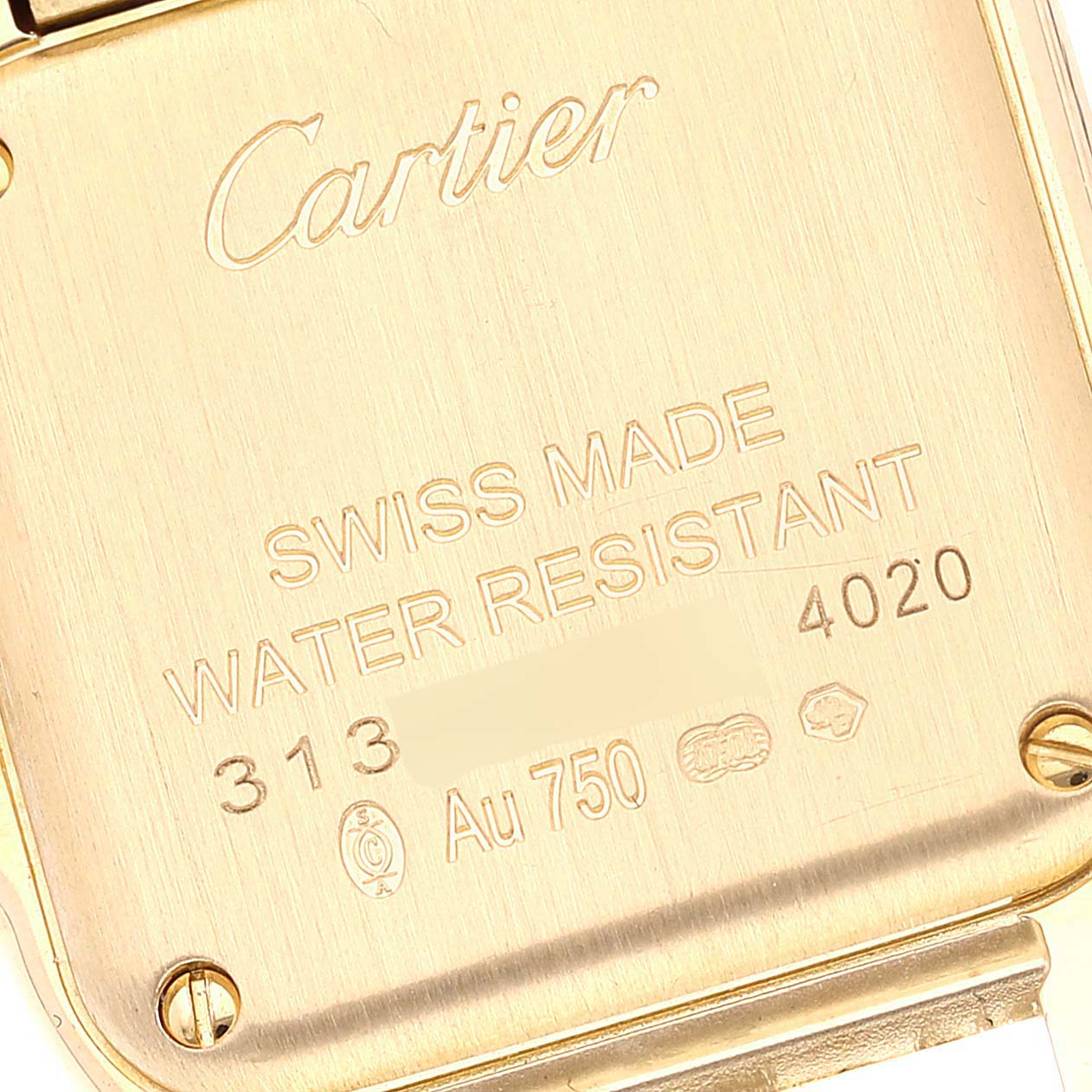 The image shows the back case of a Cartier Panthere WGPN0008 Women's Yellow Gold Silver Dial WGPN0008 Women's Yellow Gold Silver Dial watch, displaying engravings of its specifications.