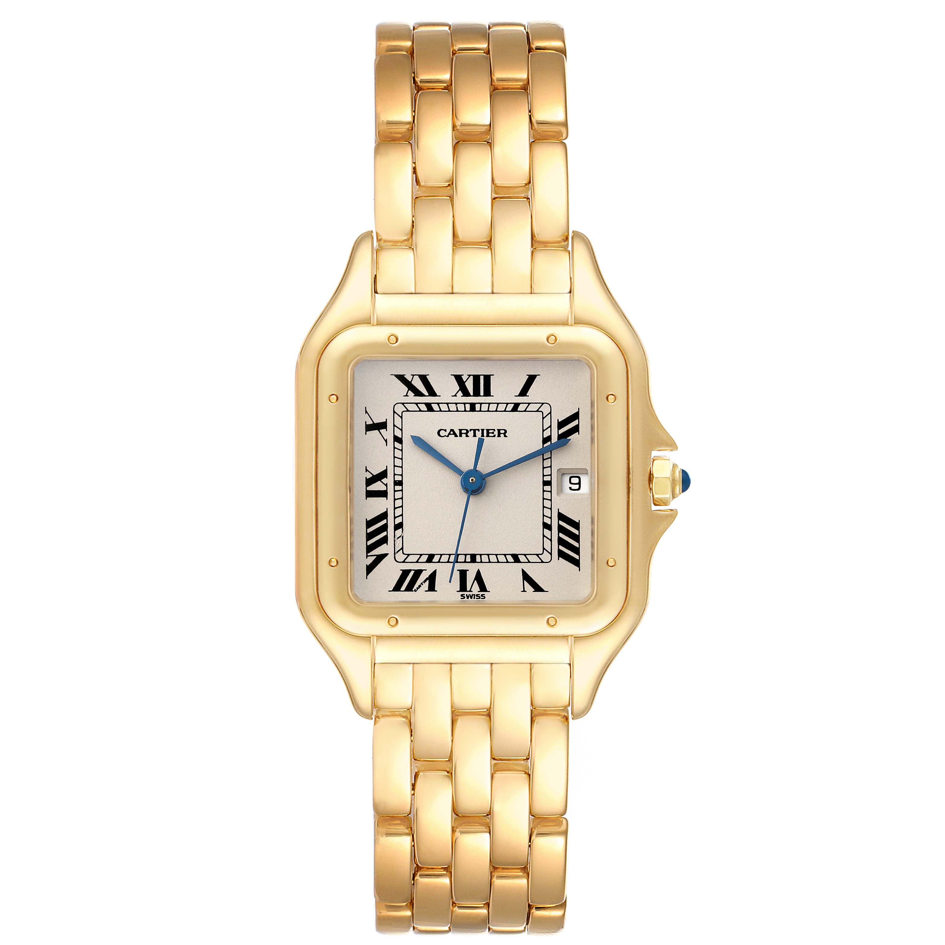 This image shows a front view of the Panthère de Cartier watch, displaying its gold bracelet and white dial with Roman numerals.