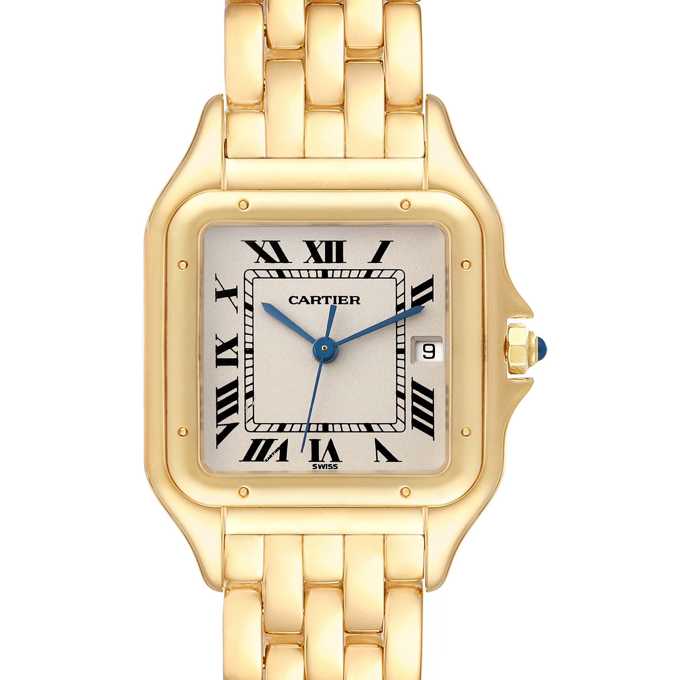 This image shows a front view of the Cartier Panthere W25014B9 Men's Yellow Gold Silver Dial W25014B9 Men's Yellow Gold Silver Dial model watch, highlighting its gold bracelet, square dial, Roman numerals, and date window.