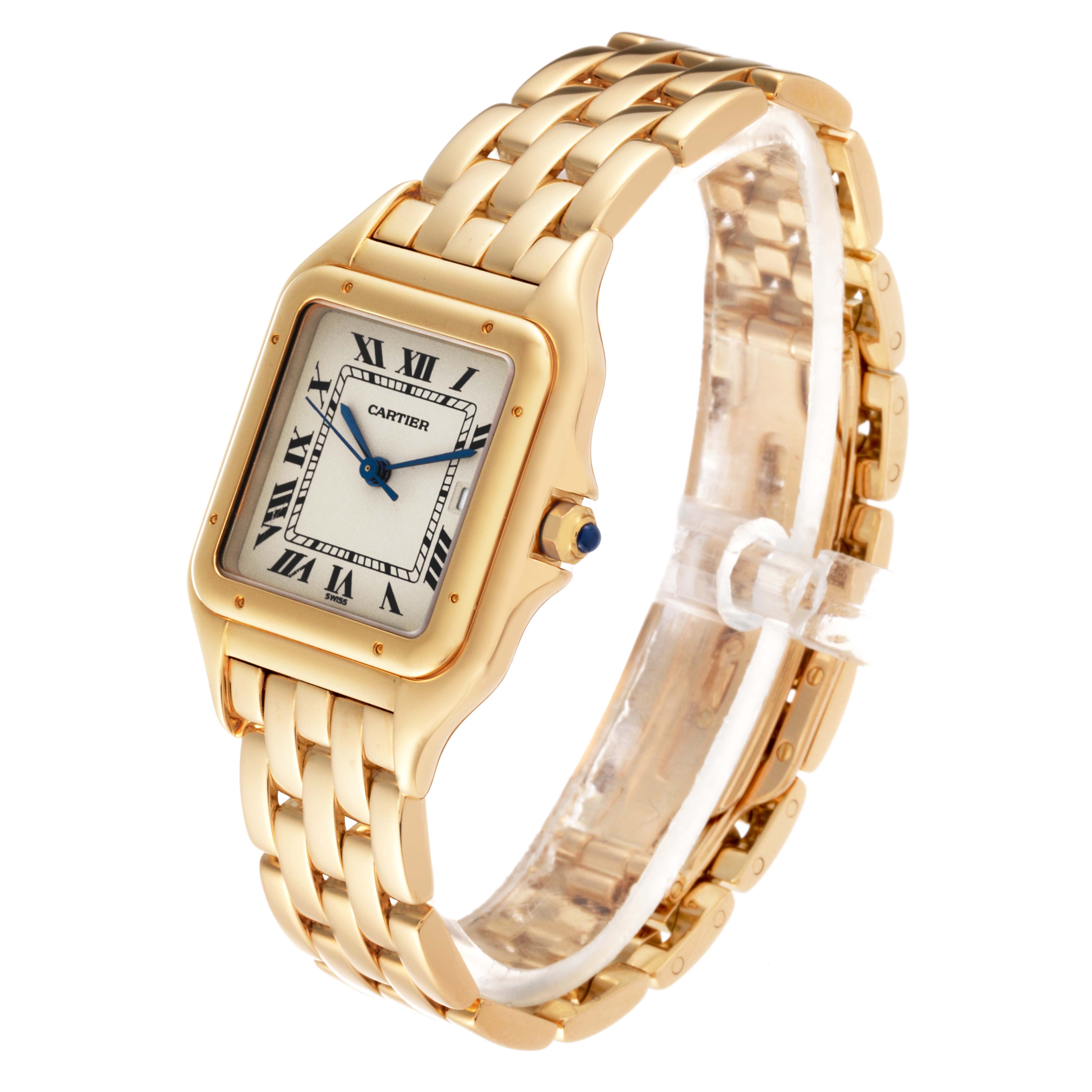 The Cartier Panthere W25014B9 Men's Yellow Gold Silver Dial W25014B9 Men's Yellow Gold Silver Dial watch is shown from a front angled view, highlighting its gold case, Roman numeral dial, and bracelet.