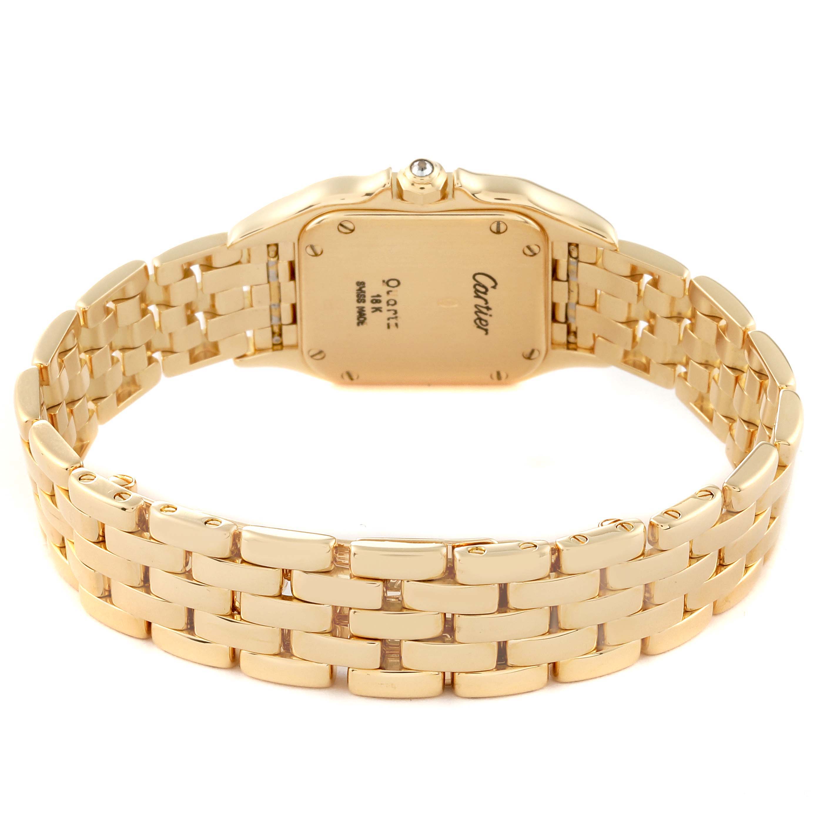 The image shows the back view of a Cartier Panthere WF3071B9 Women's Yellow Gold Silver Dial WF3071B9 Women's Yellow Gold Silver Dial watch, highlighting its gold case and bracelet.