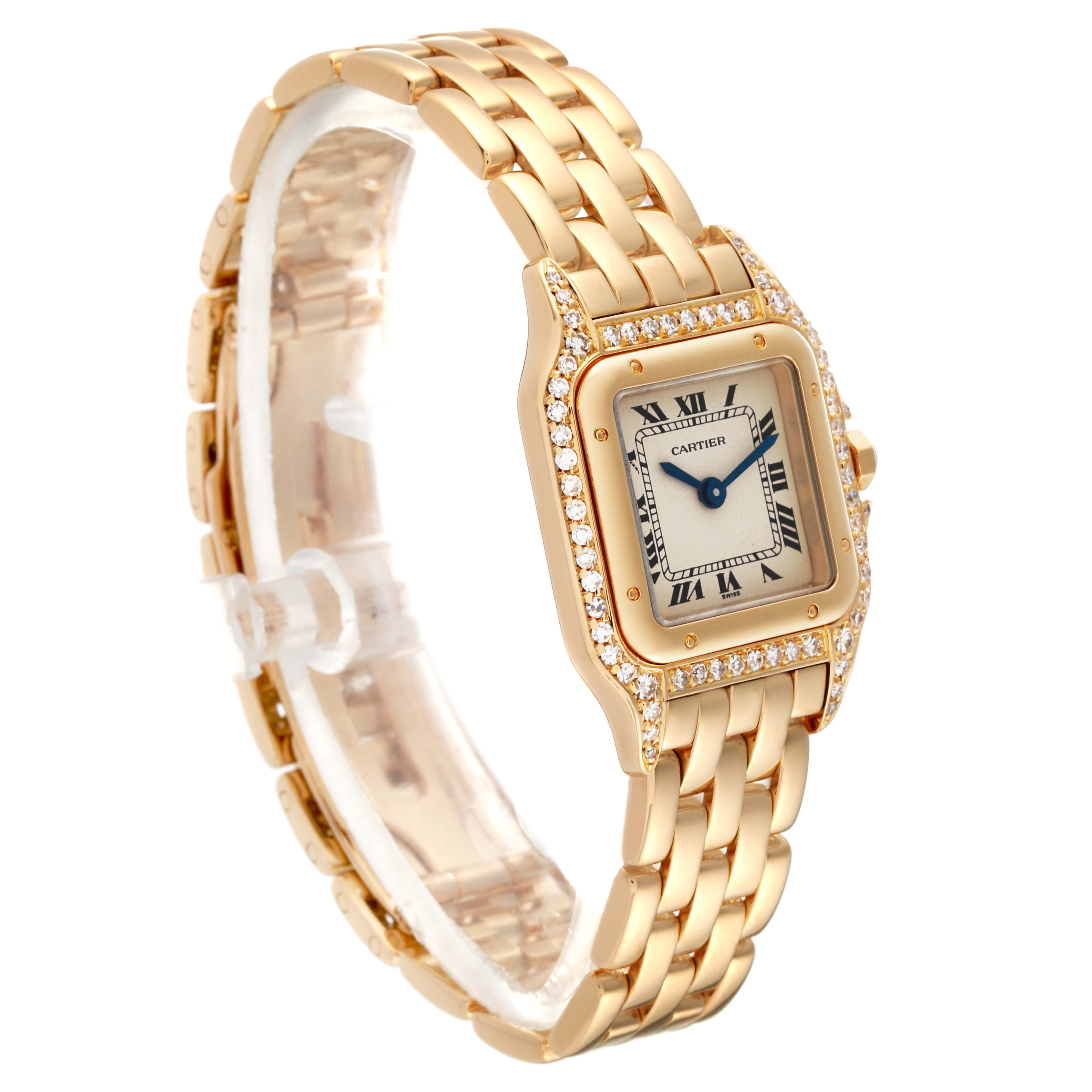 The image shows a Cartier Panthere WF3071B9 Women's Yellow Gold Silver Dial WF3071B9 Women's Yellow Gold Silver Dial model watch at a slight angle, highlighting its gold bracelet and diamond-encrusted bezel.